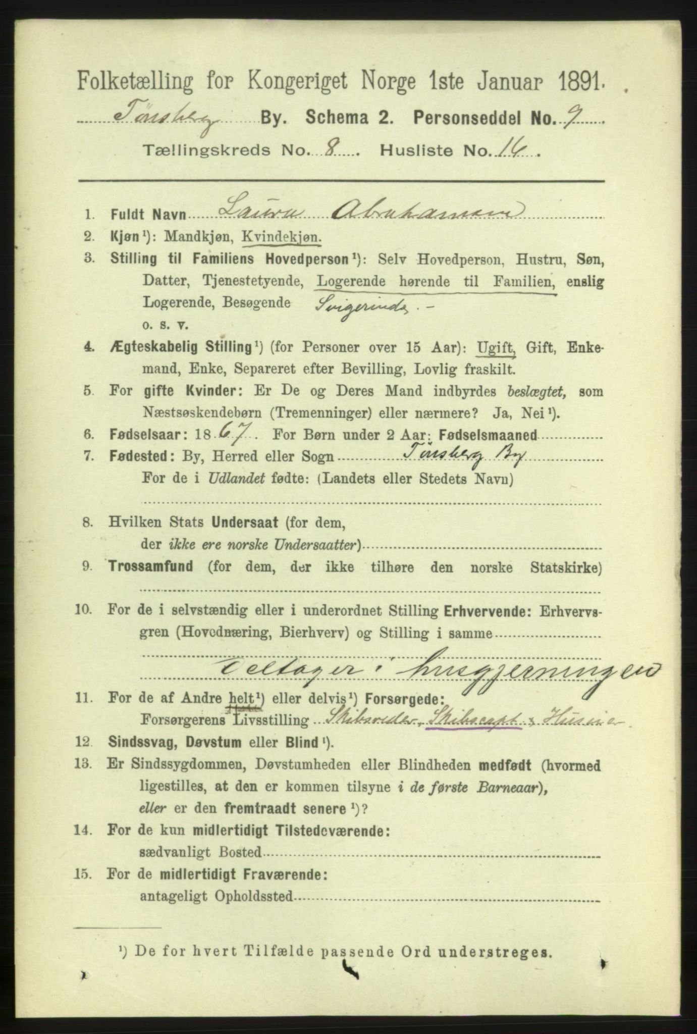 RA, 1891 census for 0705 Tønsberg, 1891, p. 3272