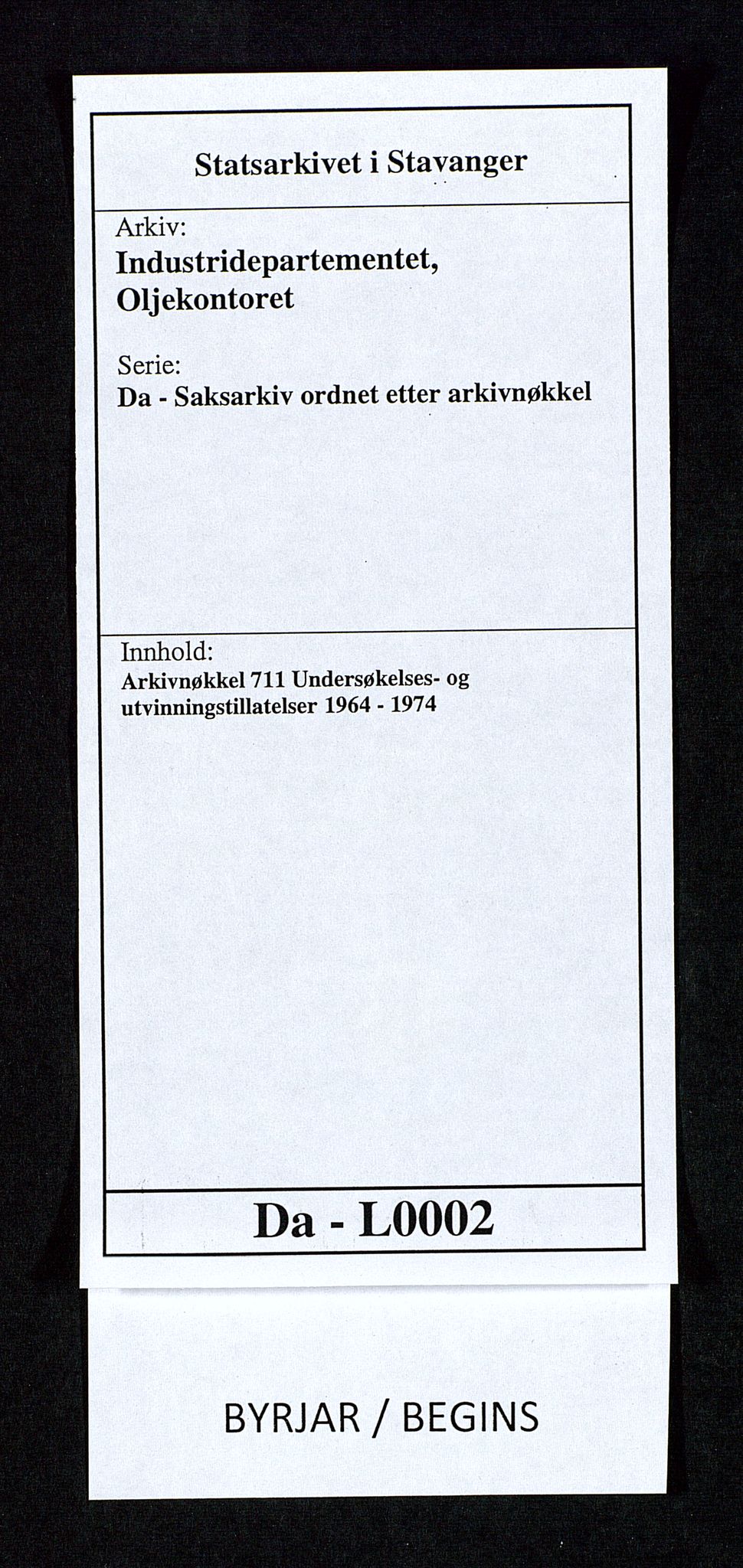 Industridepartementet, Oljekontoret, SAST/A-101348/Da/L0002: Arkivnøkkel 711 Undersøkelses- og utvinningstillatelser, 1964-1974, p. 1