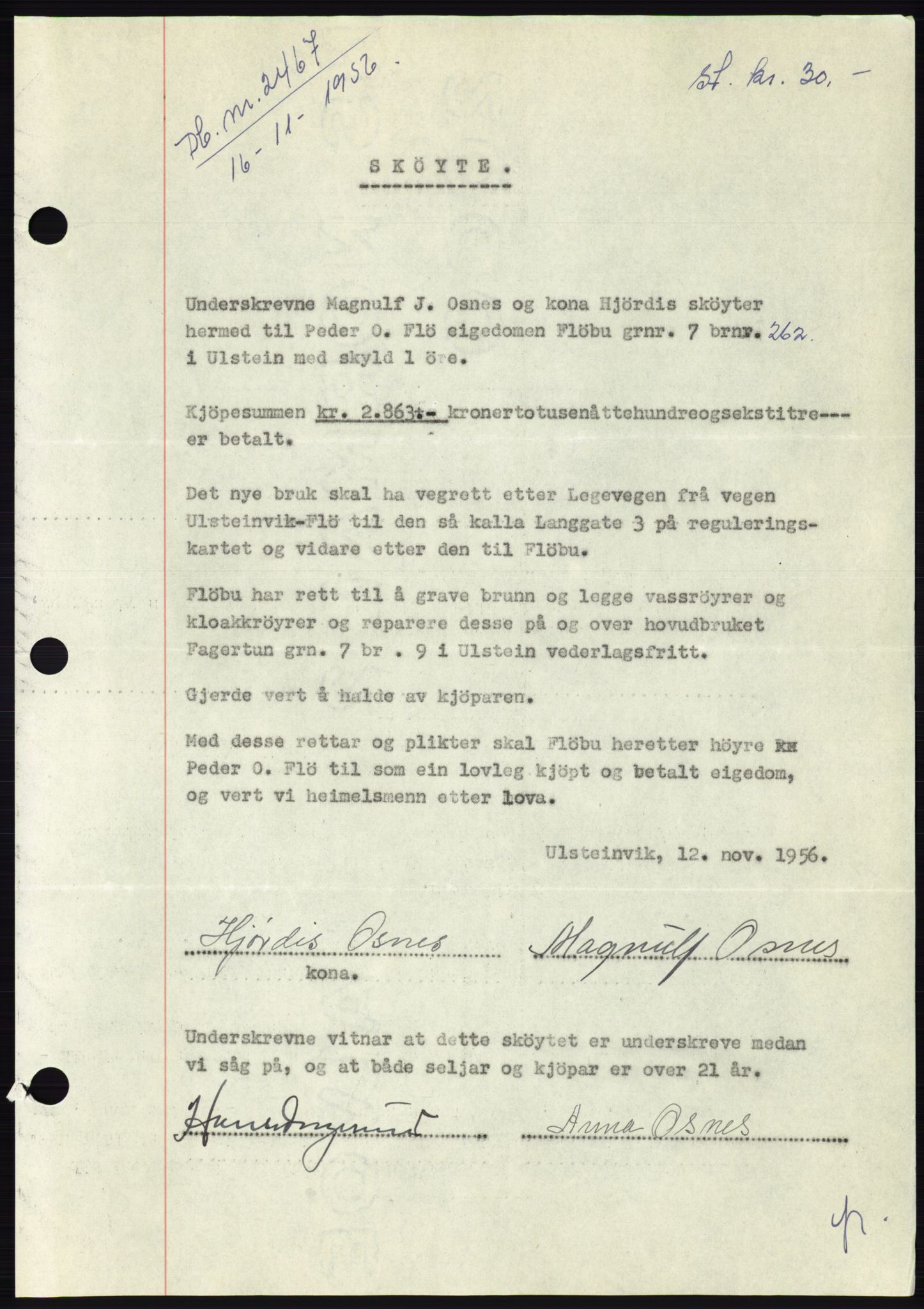 Søre Sunnmøre sorenskriveri, AV/SAT-A-4122/1/2/2C/L0105: Mortgage book no. 31A, 1956-1957, Diary no: : 2467/1956