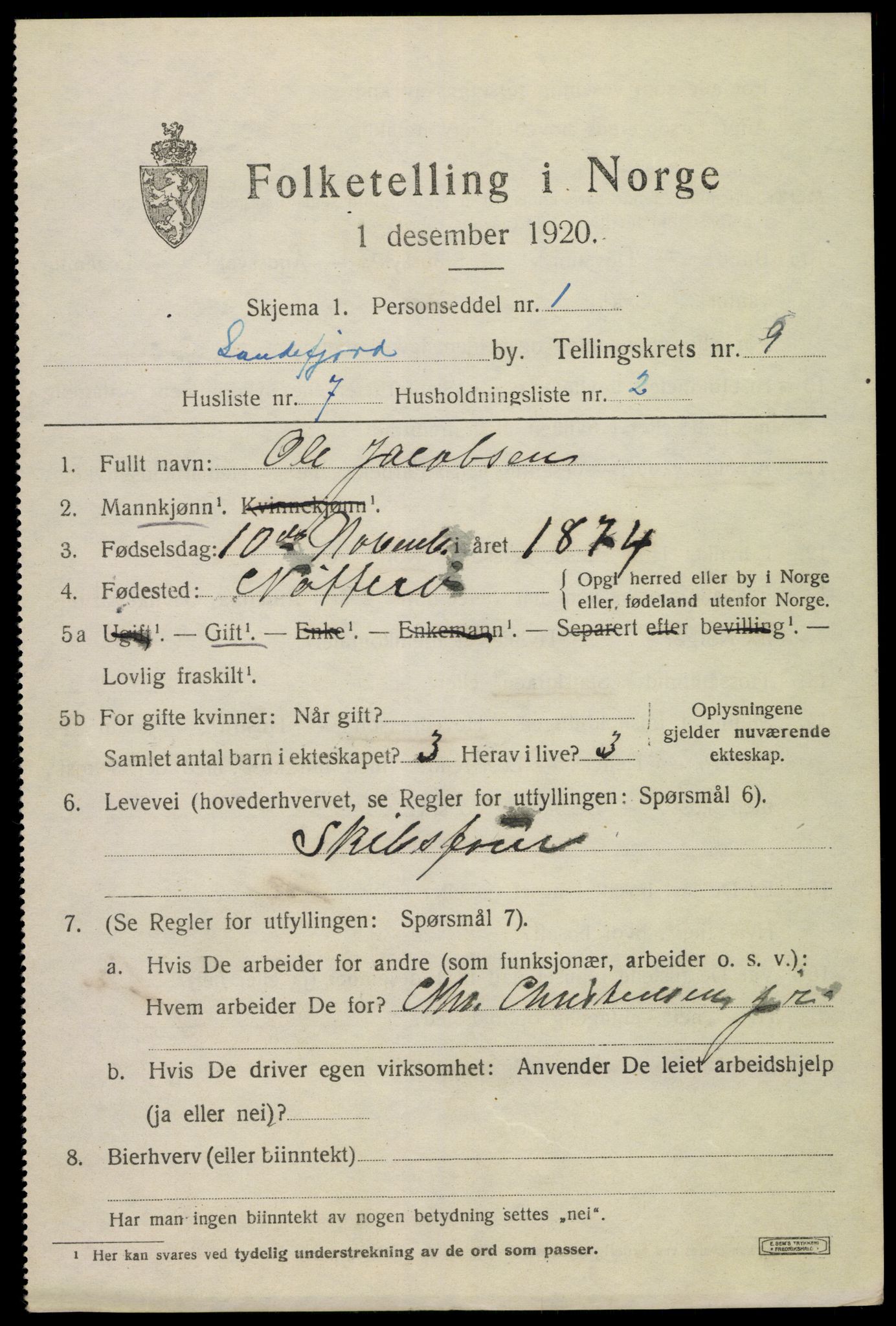 SAKO, 1920 census for Sandefjord, 1920, p. 12746