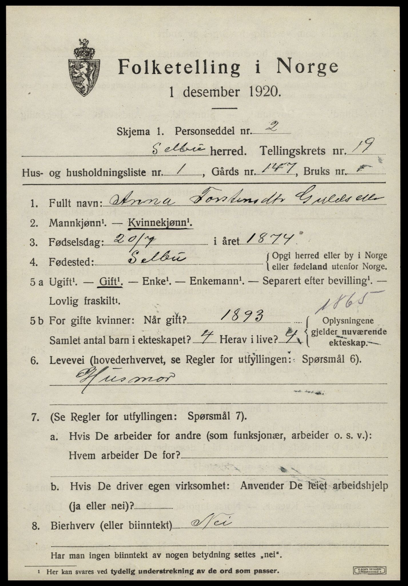 SAT, 1920 census for Selbu, 1920, p. 9874