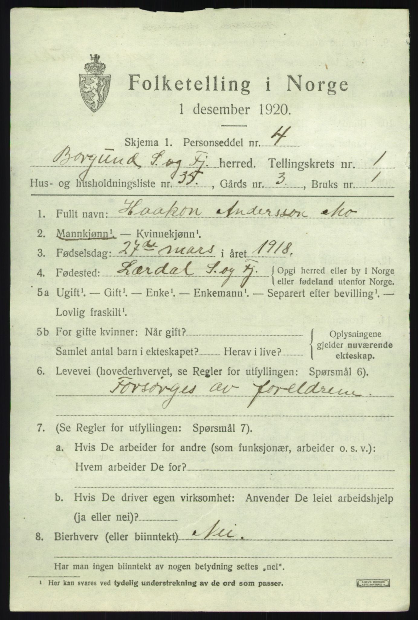 SAB, 1920 census for Borgund, 1920, p. 718