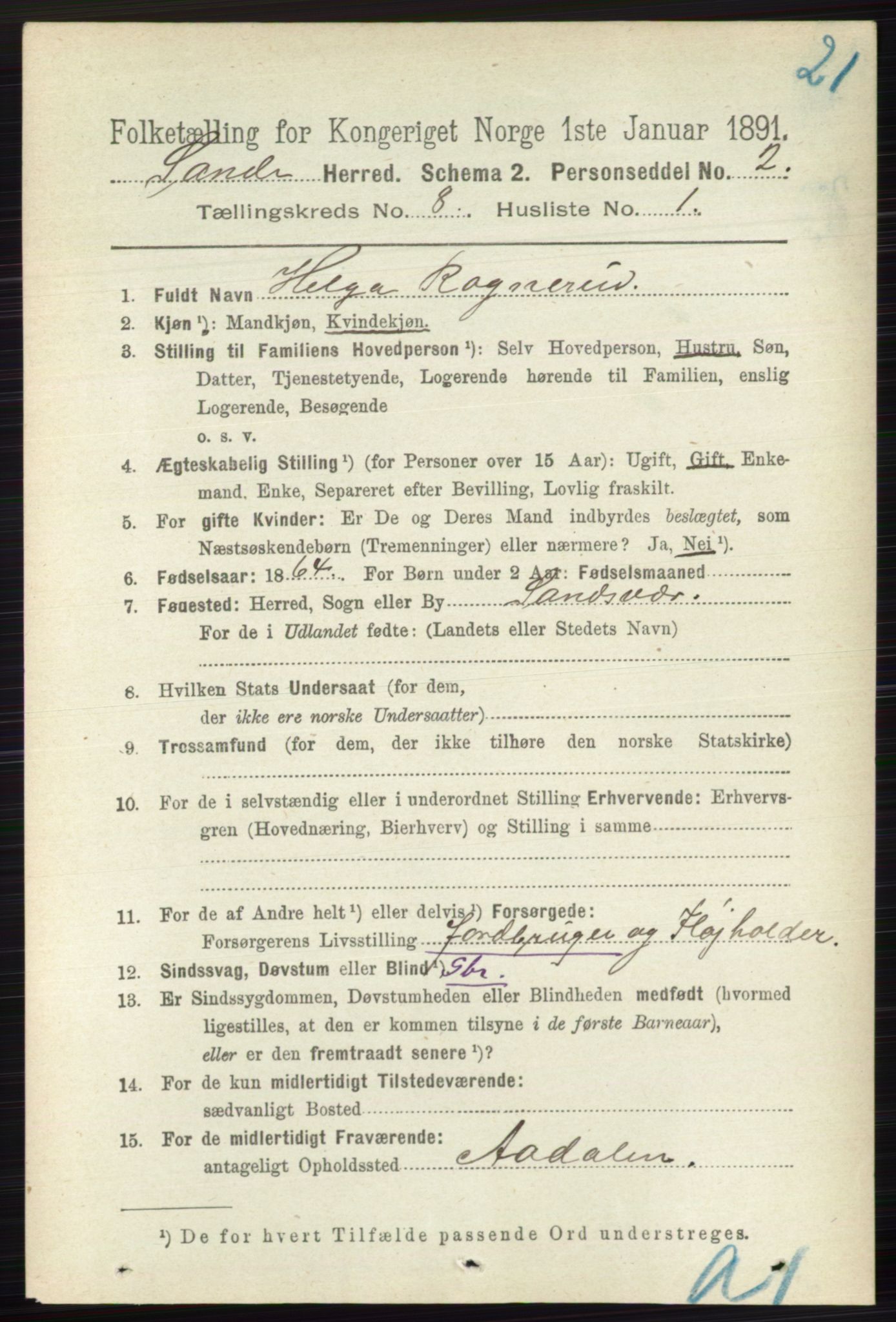 RA, 1891 census for 0713 Sande, 1891, p. 3529