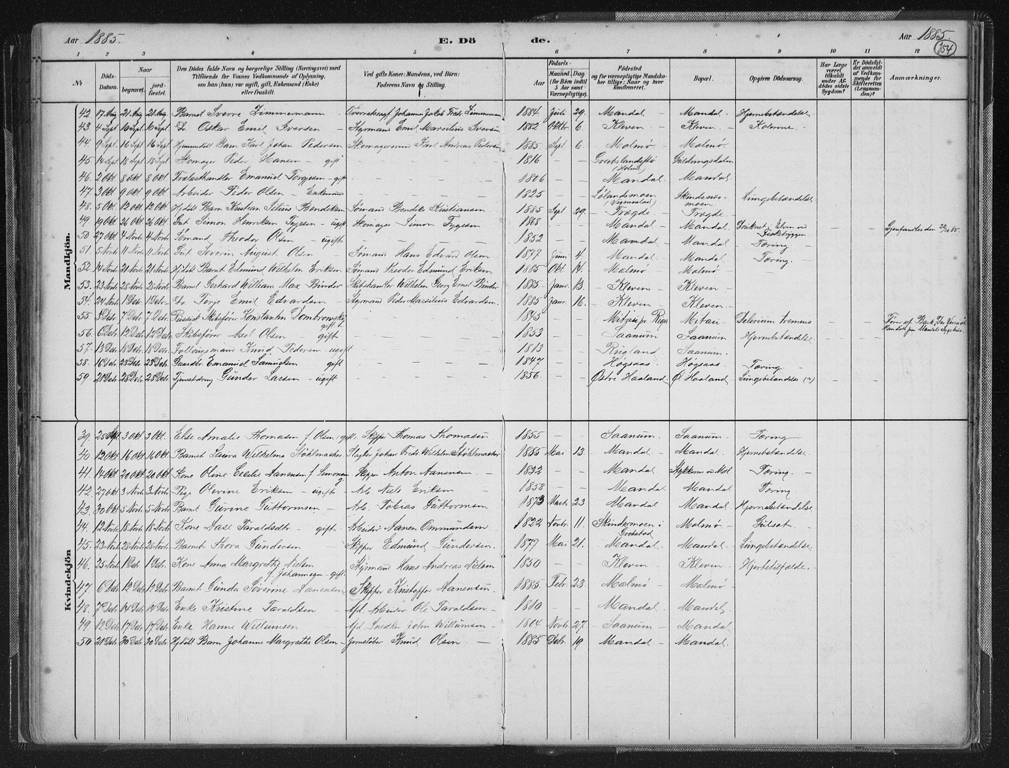 Mandal sokneprestkontor, AV/SAK-1111-0030/F/Fb/Fba/L0011: Parish register (copy) no. B 5, 1880-1898, p. 354