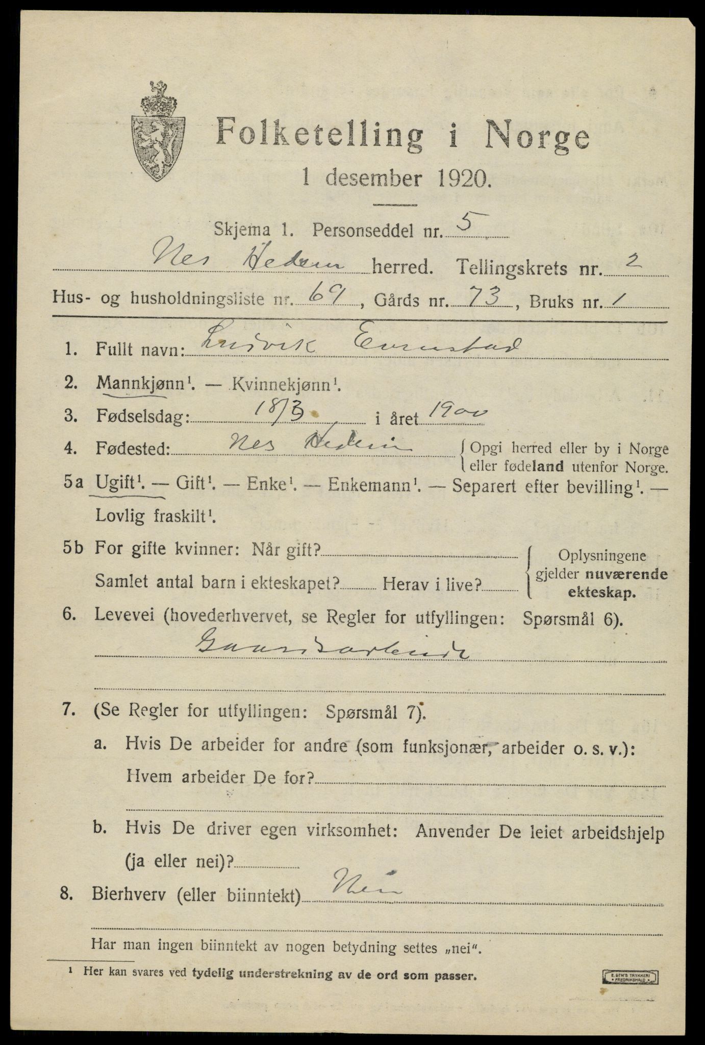 SAH, 1920 census for Nes (Hedmark), 1920, p. 3778