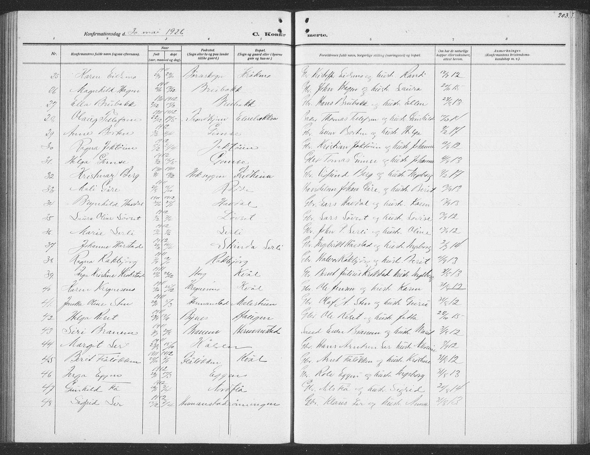 Ministerialprotokoller, klokkerbøker og fødselsregistre - Sør-Trøndelag, SAT/A-1456/691/L1095: Parish register (copy) no. 691C06, 1912-1933, p. 203