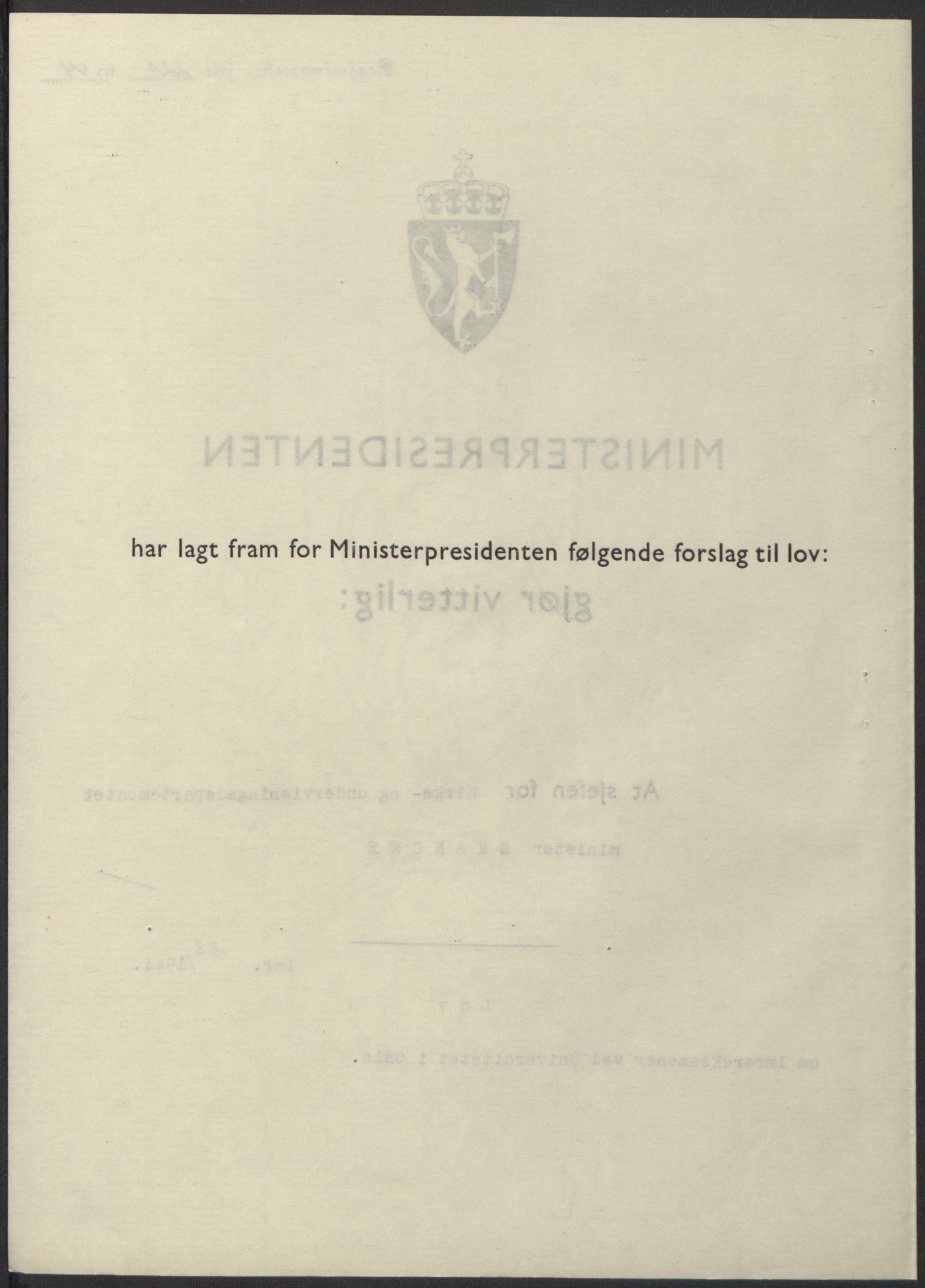 NS-administrasjonen 1940-1945 (Statsrådsekretariatet, de kommisariske statsråder mm), AV/RA-S-4279/D/Db/L0100: Lover, 1944, p. 391