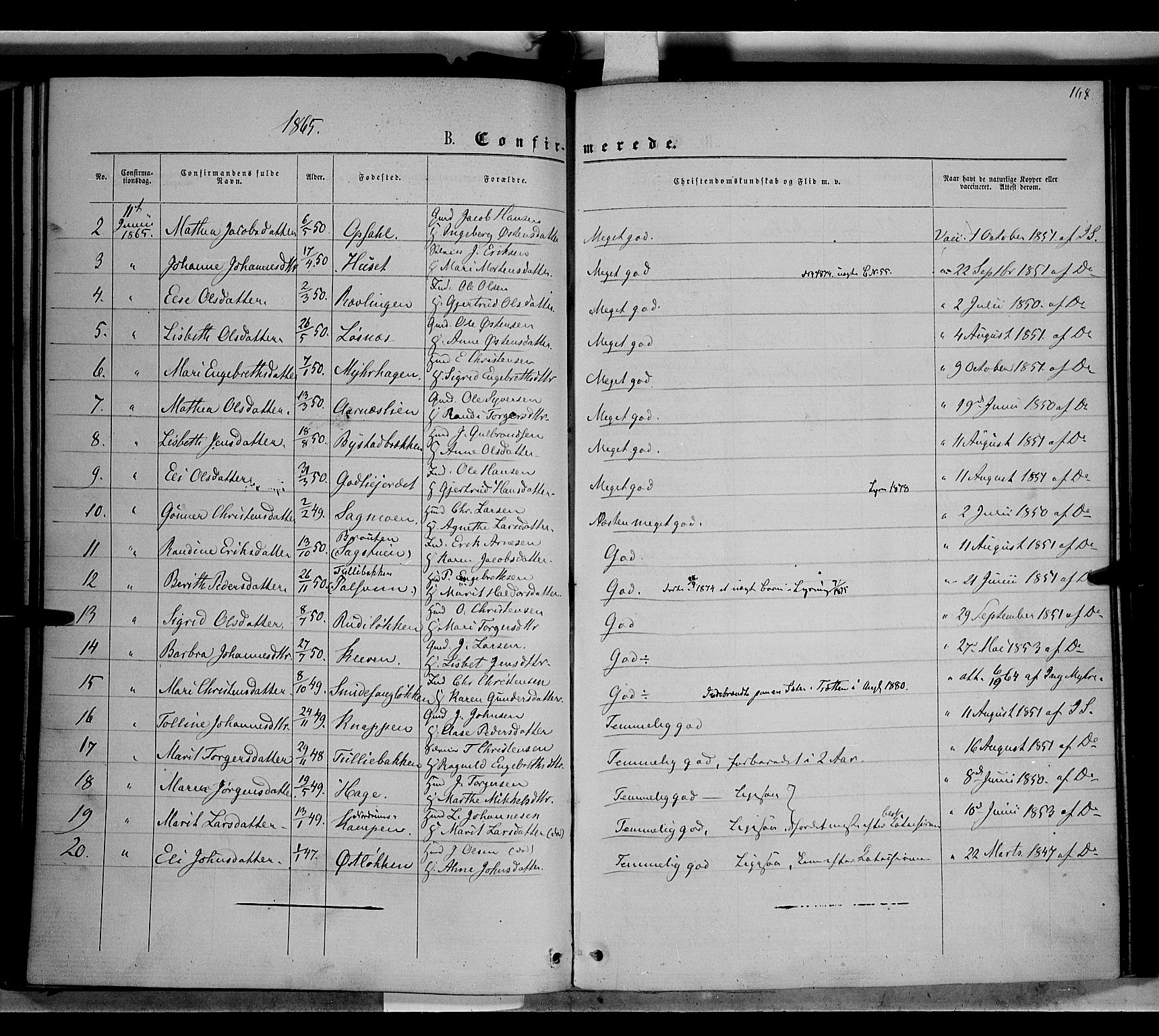 Ringebu prestekontor, SAH/PREST-082/H/Ha/Haa/L0007: Parish register (official) no. 7, 1860-1877, p. 168