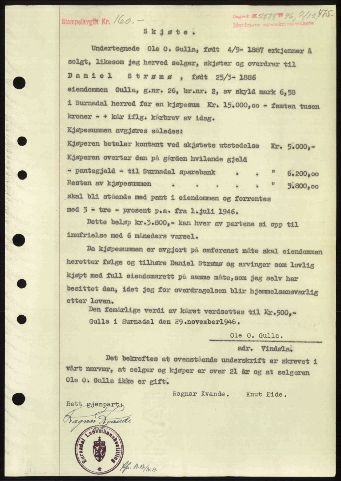 Nordmøre sorenskriveri, AV/SAT-A-4132/1/2/2Ca: Mortgage book no. A103, 1946-1947, Diary no: : 2538/1946