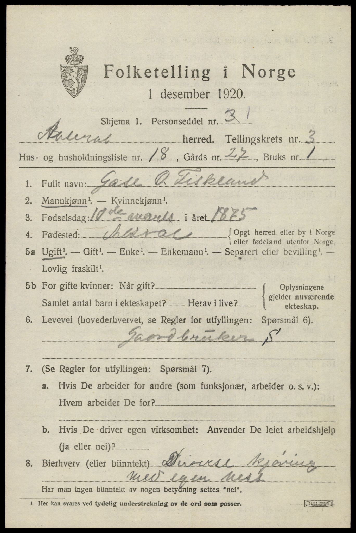 SAK, 1920 census for Åseral, 1920, p. 1164