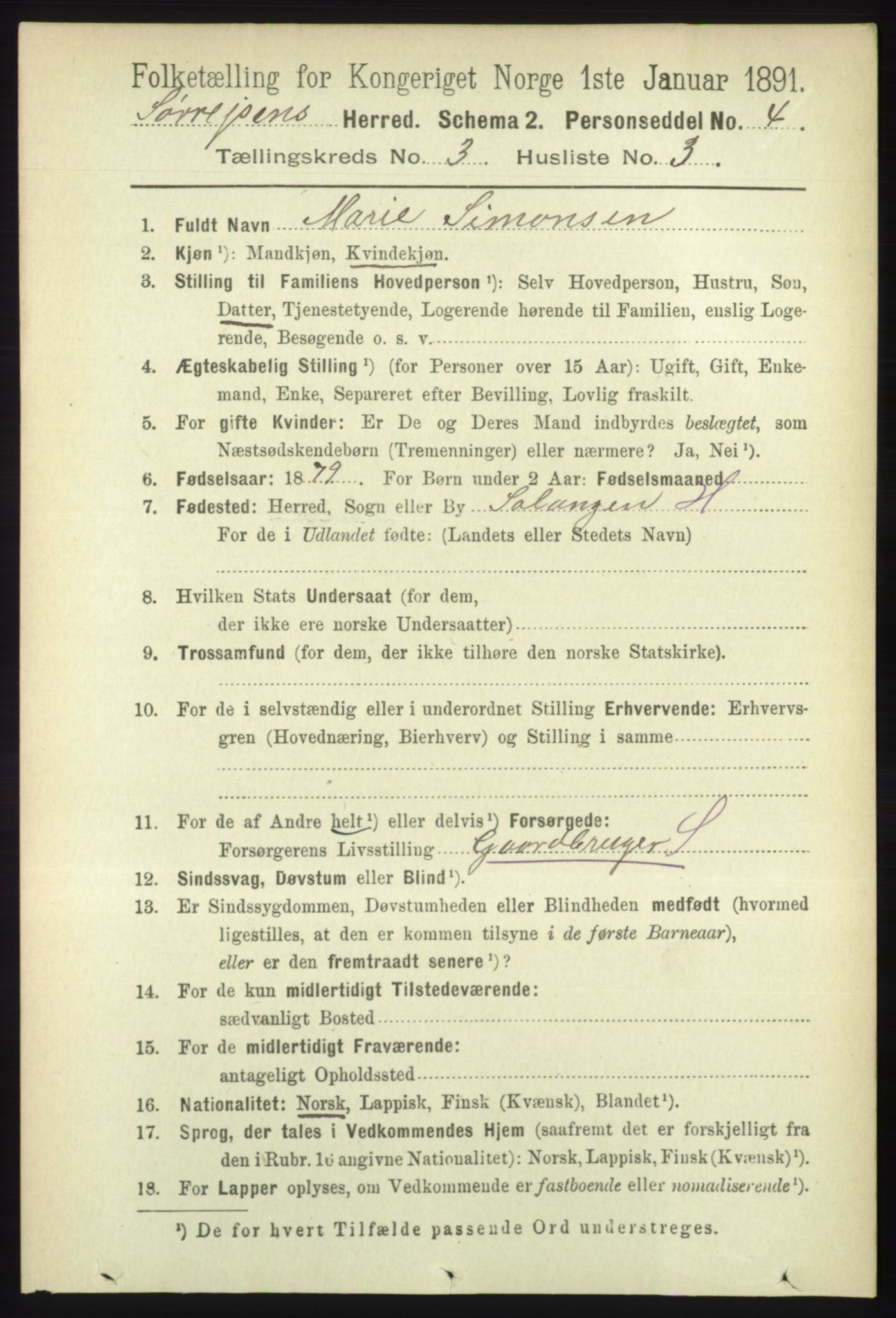 RA, 1891 census for 1925 Sørreisa, 1891, p. 701