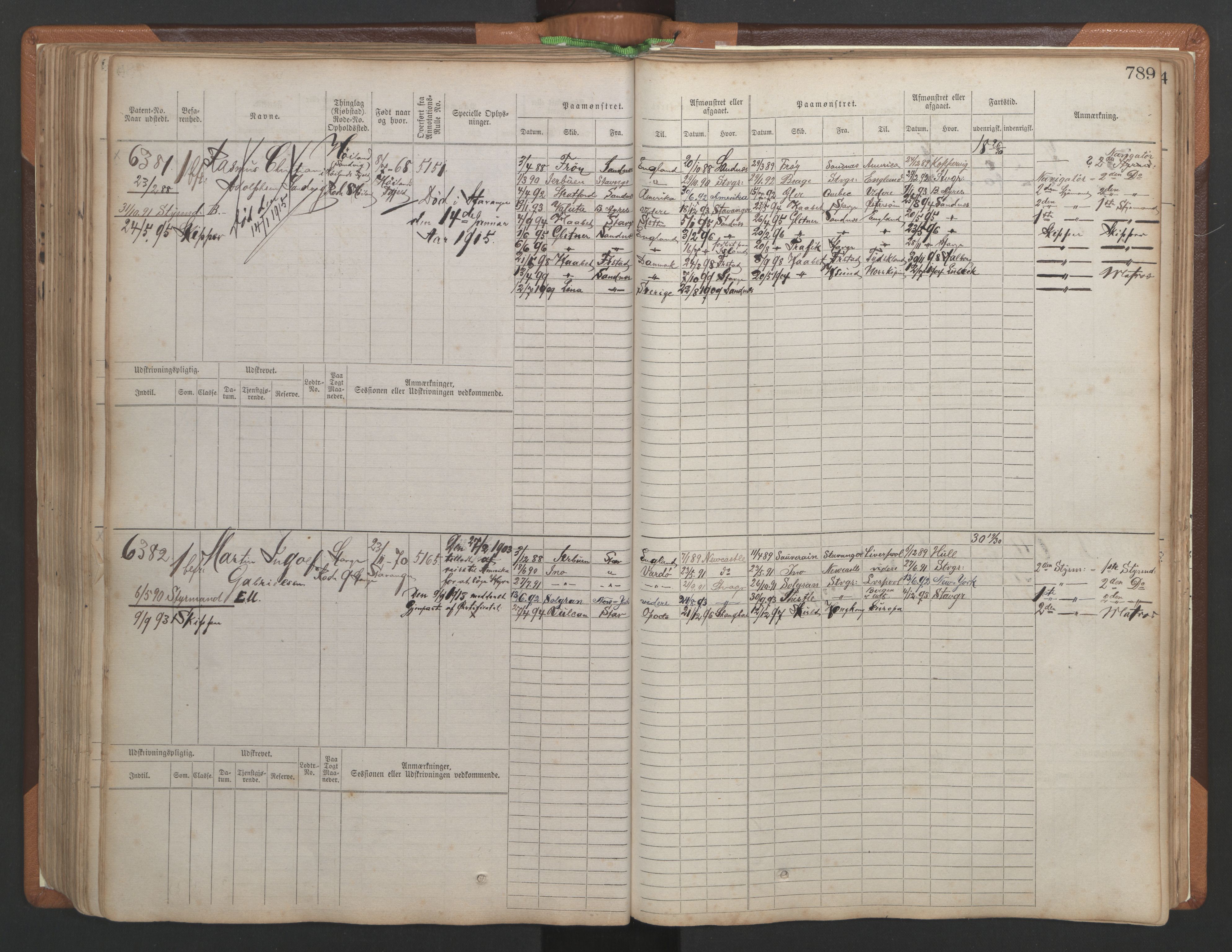 Stavanger sjømannskontor, AV/SAST-A-102006/F/Fb/Fbb/L0010: Sjøfartshovedrulle, patentnr. 6007-6606 (del 1), 1887-1896, p. 193