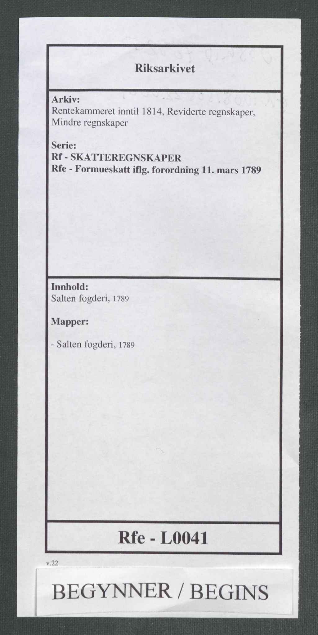 Rentekammeret inntil 1814, Reviderte regnskaper, Mindre regnskaper, RA/EA-4068/Rf/Rfe/L0041: Salten fogderi, 1789, p. 1