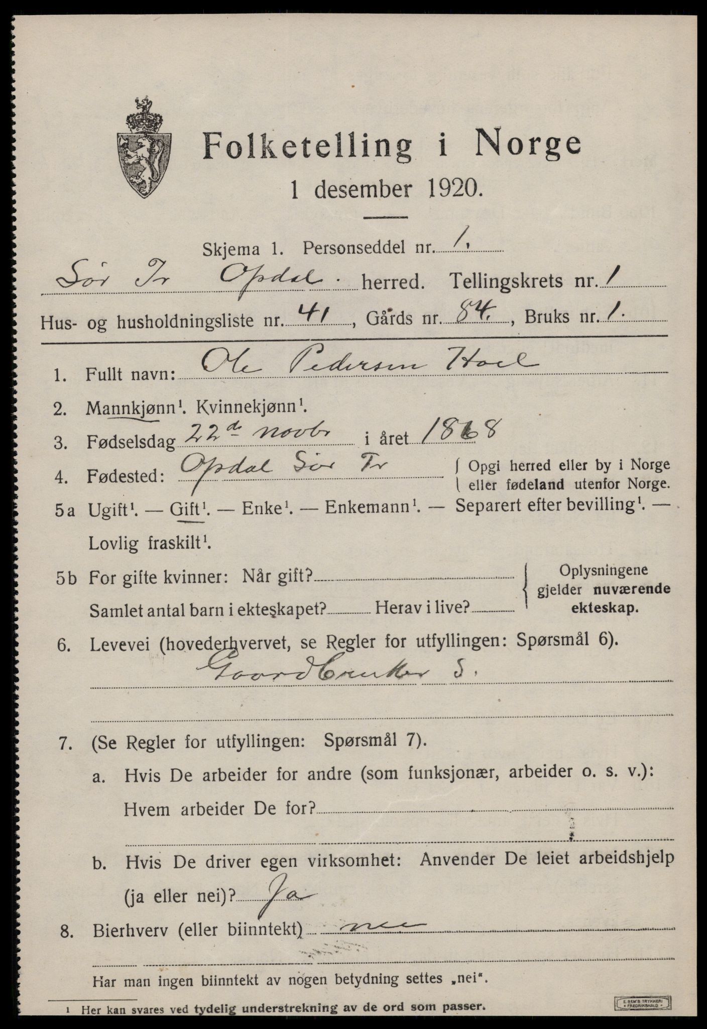 SAT, 1920 census for Oppdal, 1920, p. 3619