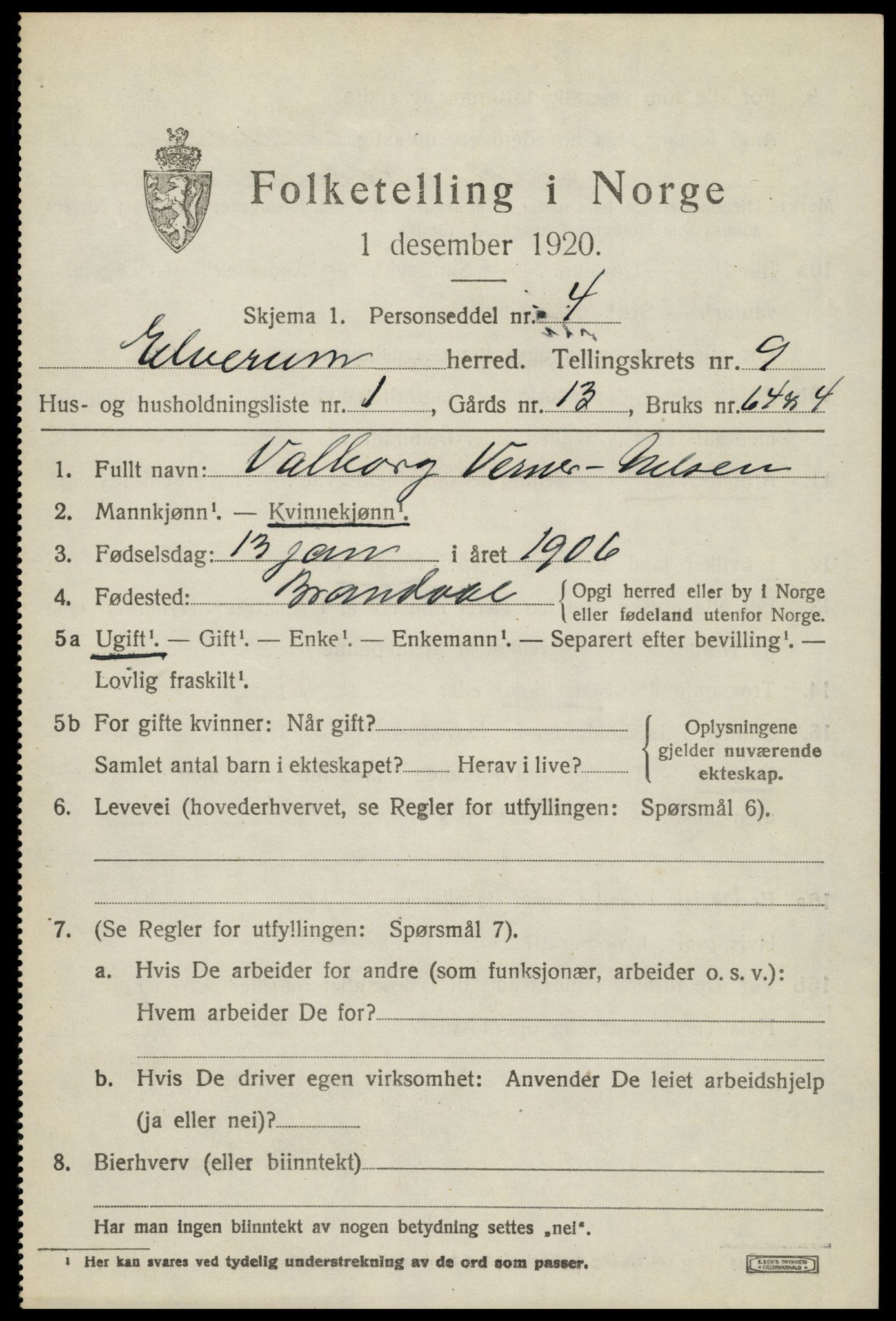 SAH, 1920 census for Elverum, 1920, p. 15566