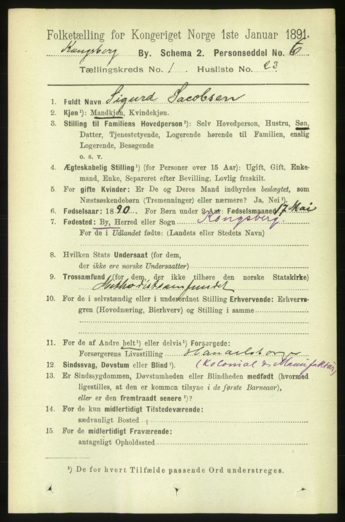 RA, 1891 census for 0604 Kongsberg, 1891, p. 1801