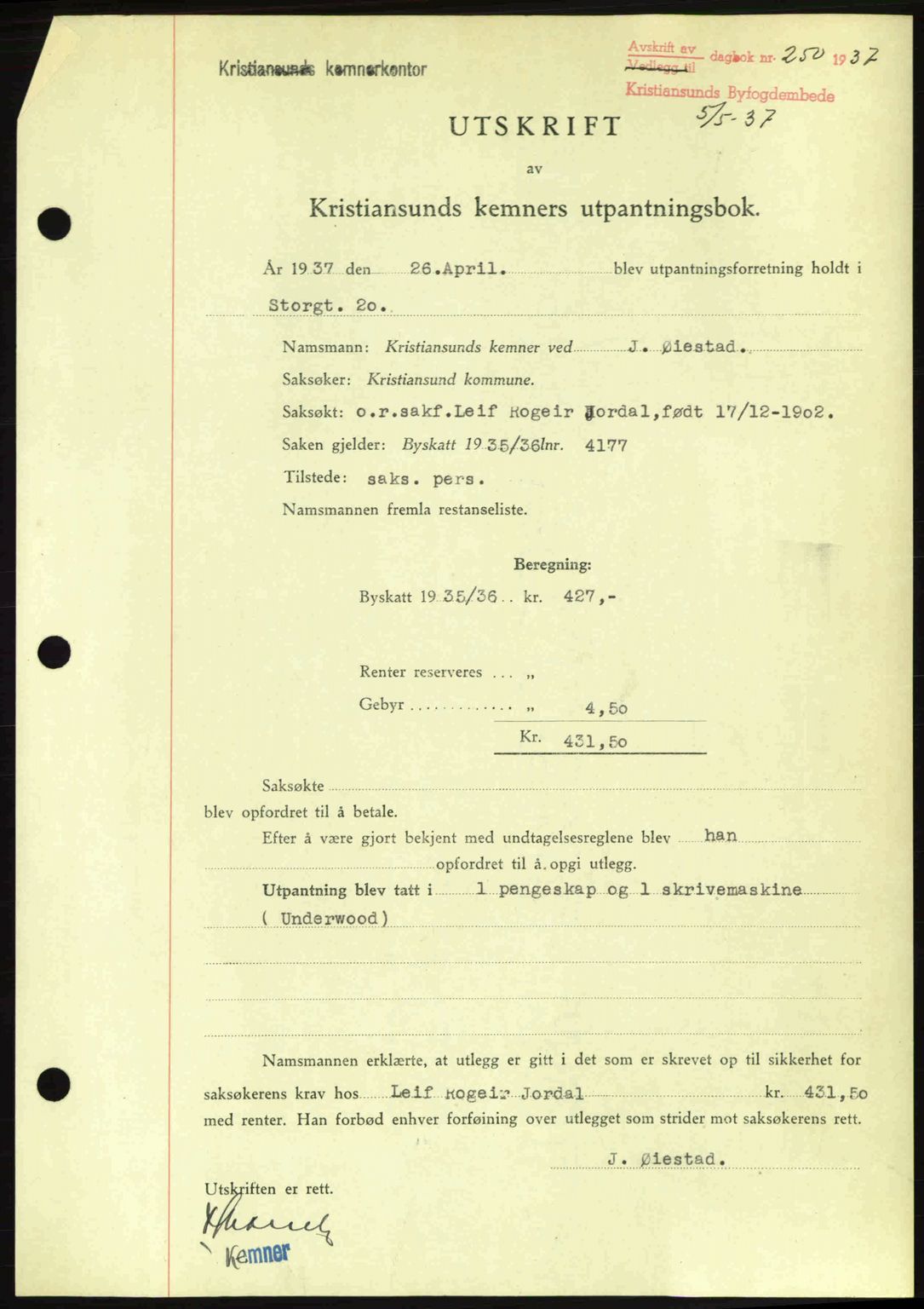 Kristiansund byfogd, AV/SAT-A-4587/A/27: Mortgage book no. 29, 1936-1937, Diary no: : 250/1937