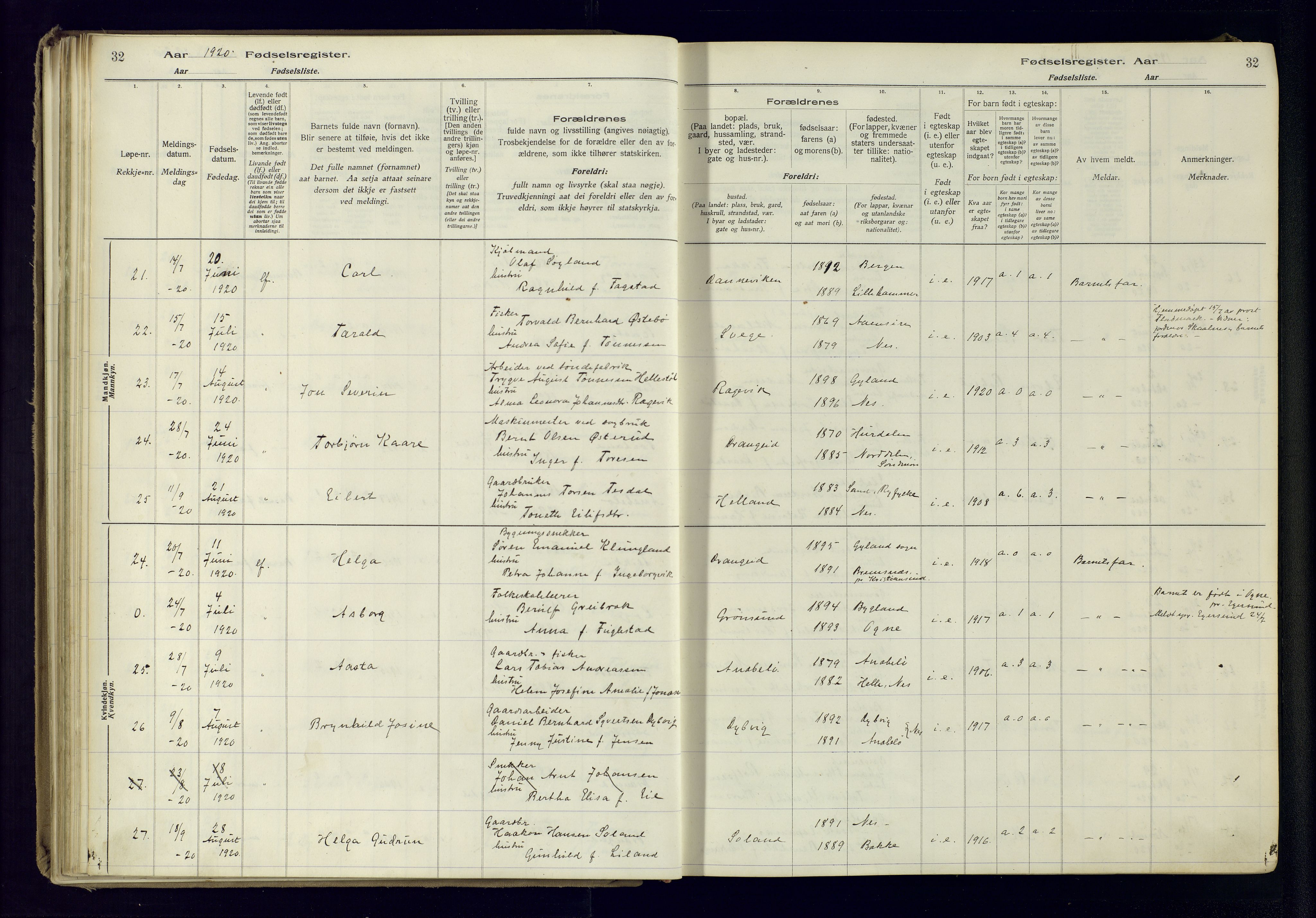 Flekkefjord sokneprestkontor, SAK/1111-0012/J/Ja/L0005: Birth register no. 5, 1916-1950, p. 32