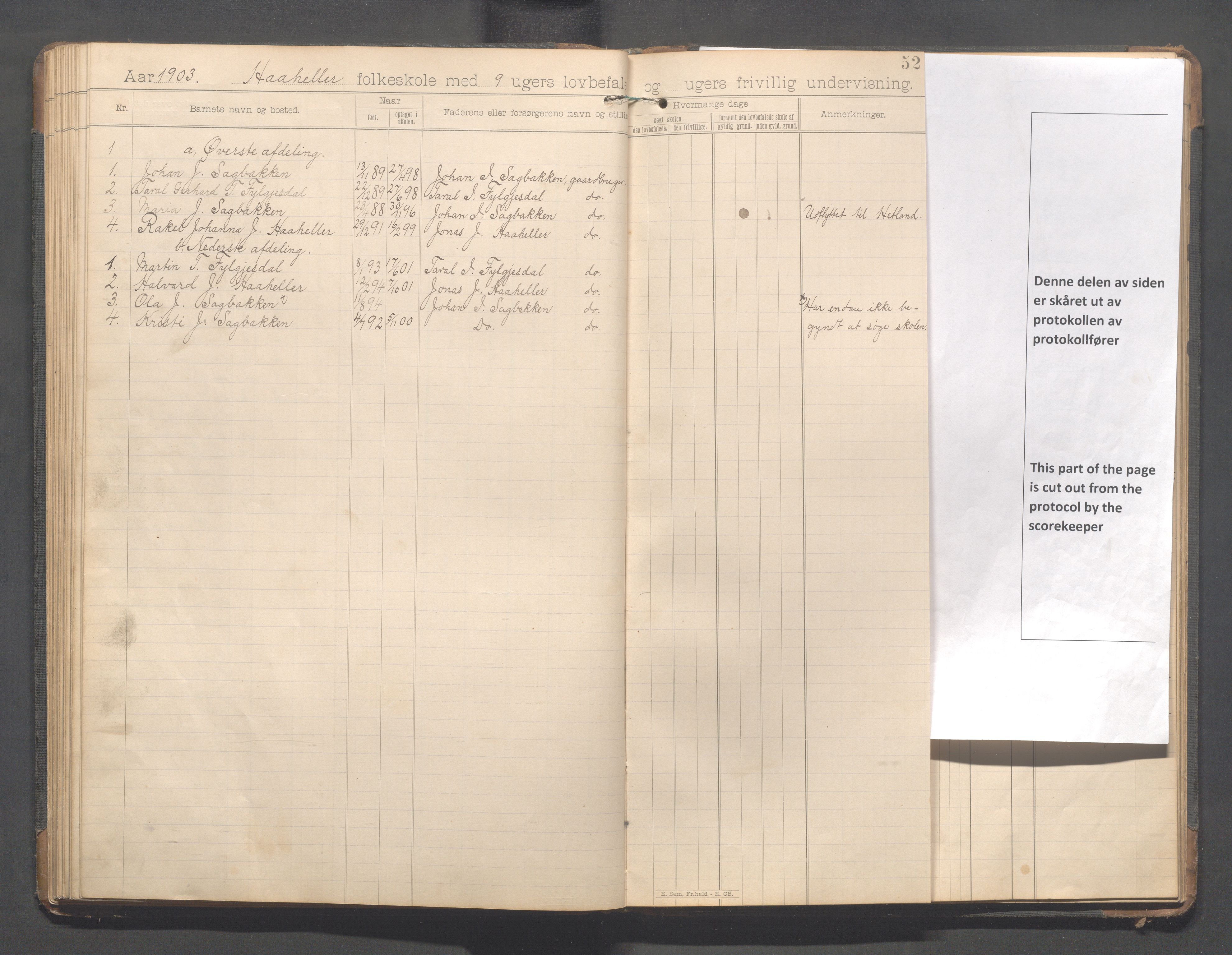 Forsand kommune - Lyse skole, IKAR/K-101613/H/L0002: Skoleprotokoll - Indre Lysefjord, Kalleli, Lyselandet, Håheller, Fossmark, 1894-1908, p. 52