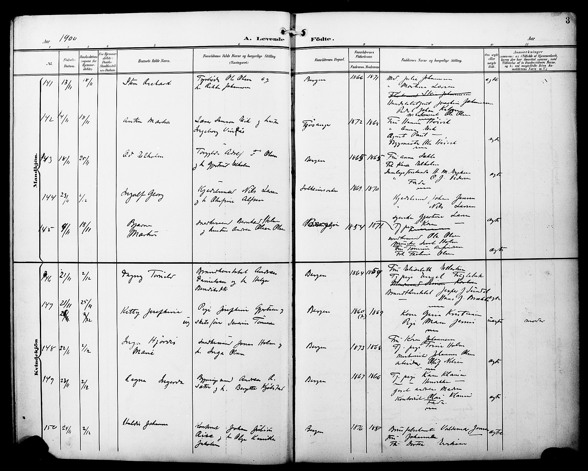 Fødselsstiftelsens sokneprestembete*, SAB/-: Parish register (copy) no. A 1, 1900-1909, p. 3