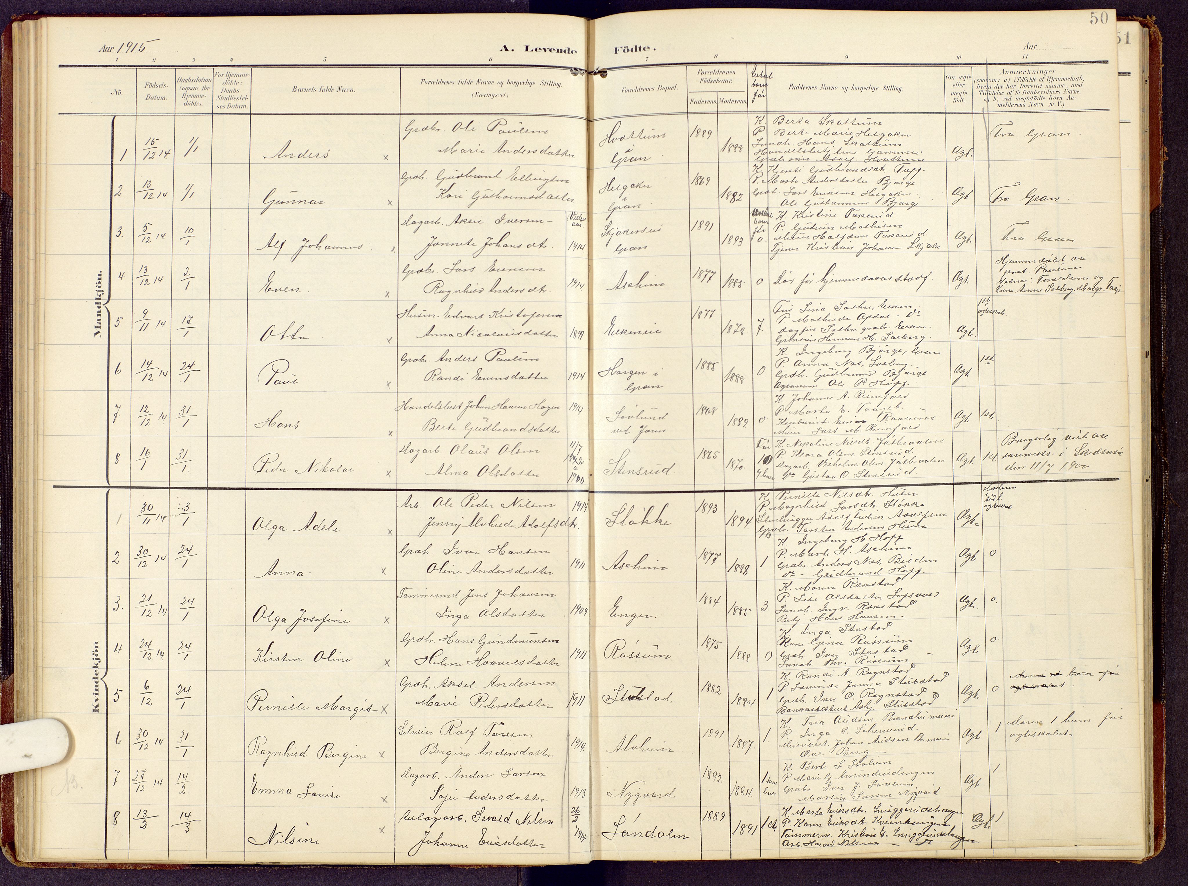 Brandbu prestekontor, SAH/PREST-114/H/Ha/Hab/L0009: Parish register (copy) no. 9, 1903-1916, p. 50