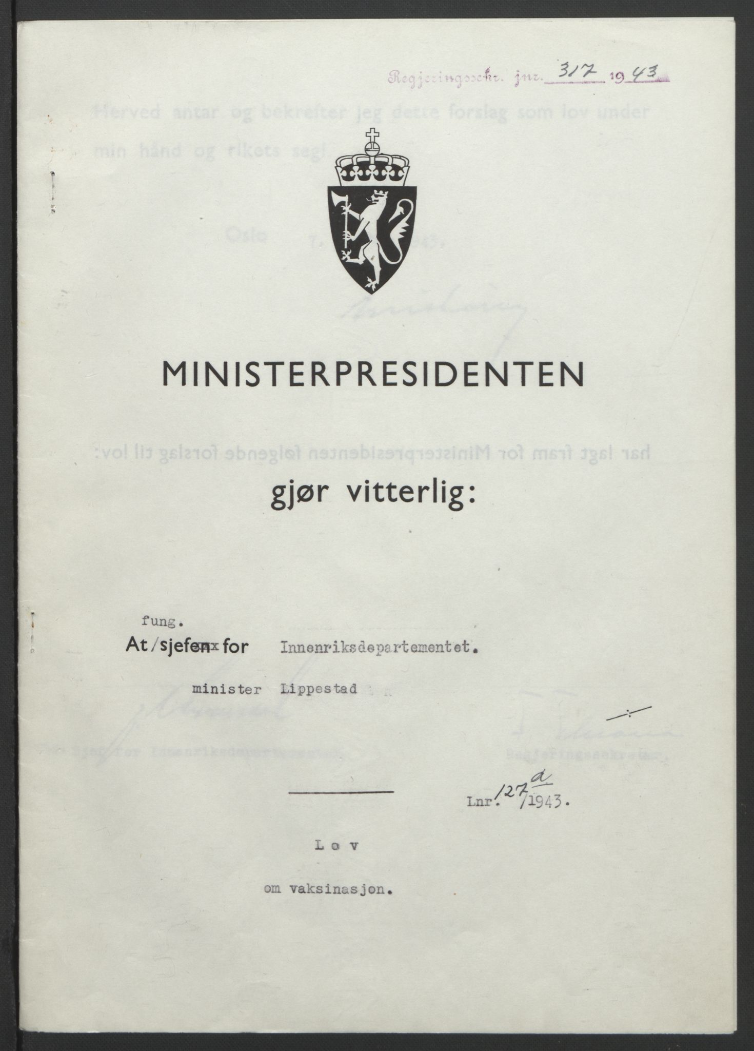 NS-administrasjonen 1940-1945 (Statsrådsekretariatet, de kommisariske statsråder mm), RA/S-4279/D/Db/L0099: Lover, 1943, p. 588