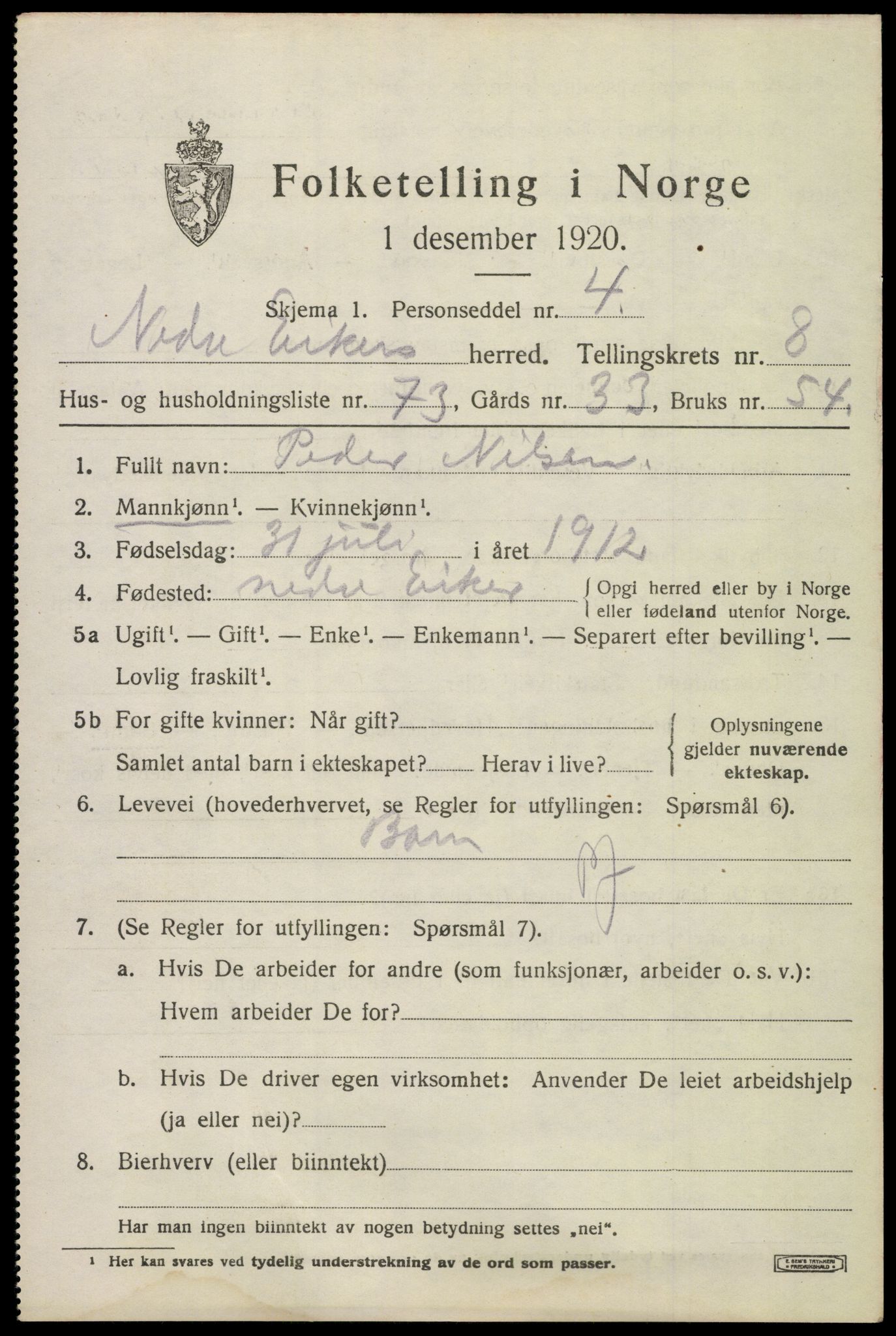 SAKO, 1920 census for Nedre Eiker, 1920, p. 9255