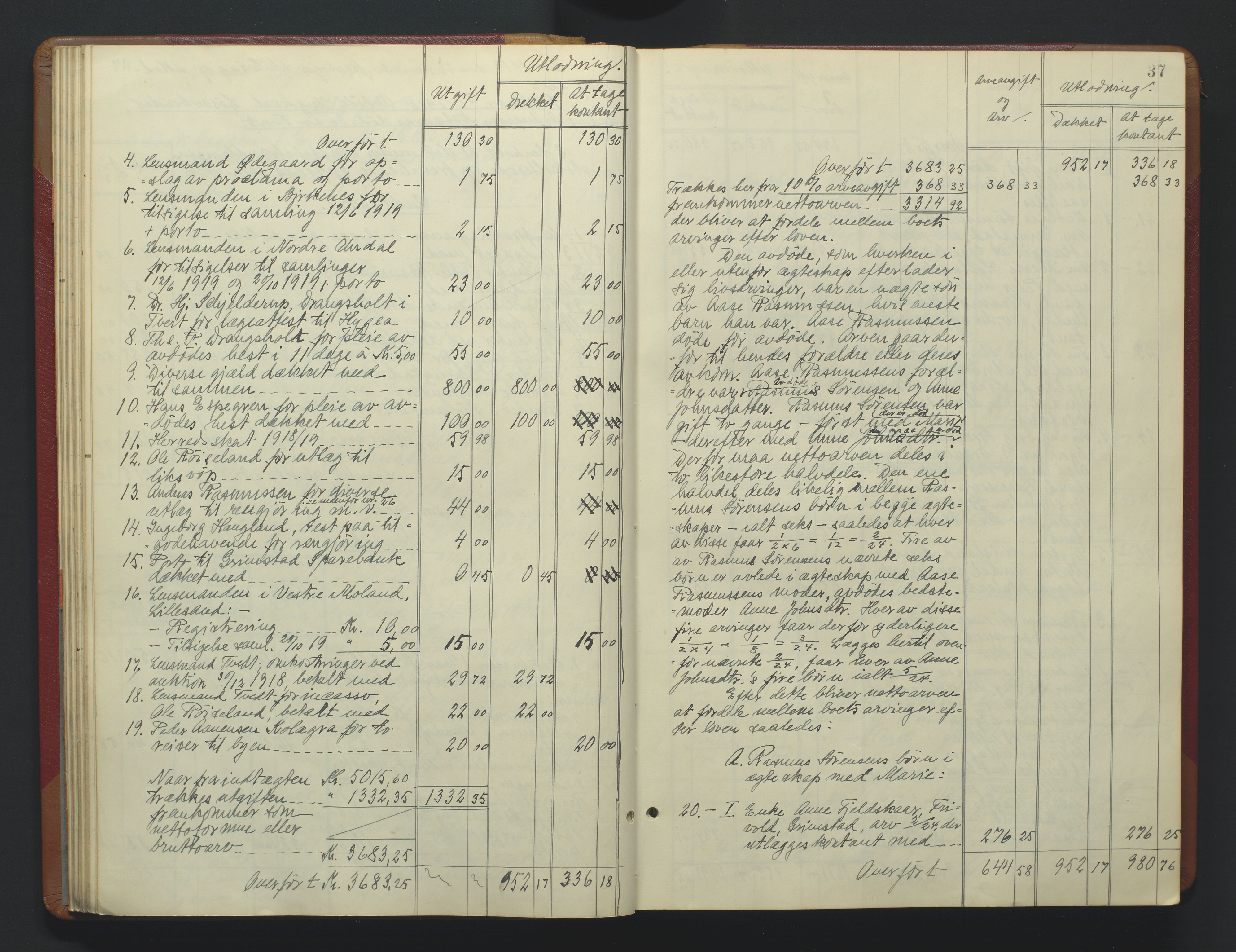 Torridal sorenskriveri, AV/SAK-1221-0012/H/Hc/L0037: Skifteutlodningsprotokoll med navneregister nr. 6, 1918-1927, p. 37