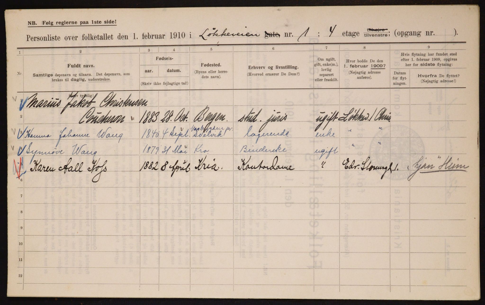 OBA, Municipal Census 1910 for Kristiania, 1910, p. 56609