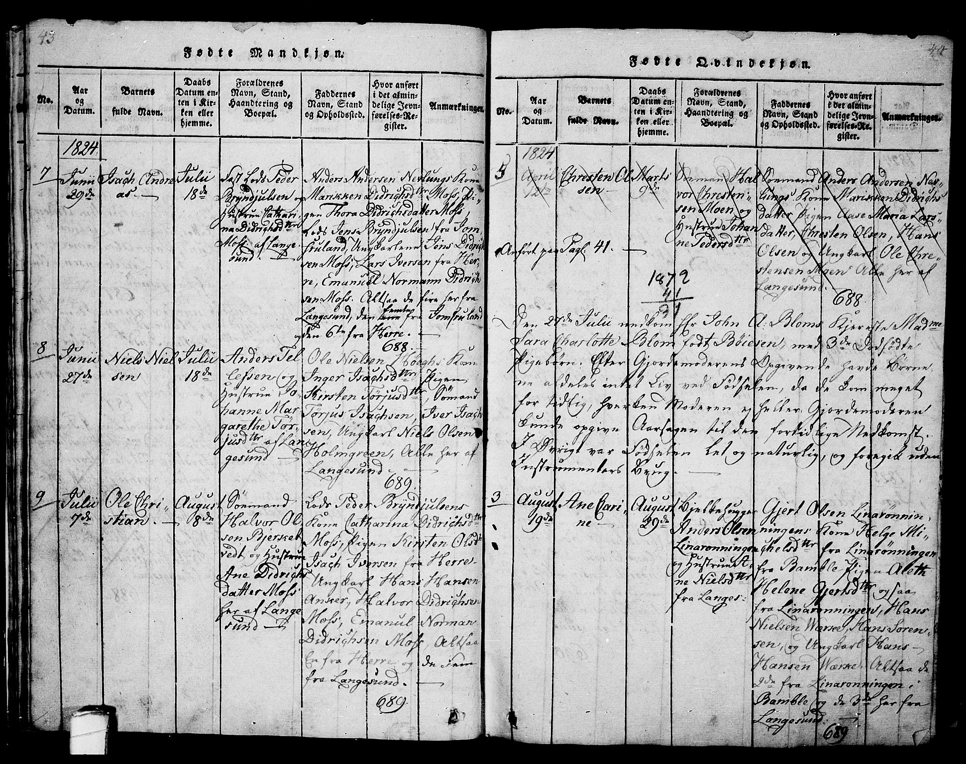 Langesund kirkebøker, SAKO/A-280/G/Ga/L0003: Parish register (copy) no. 3, 1815-1858, p. 43-44