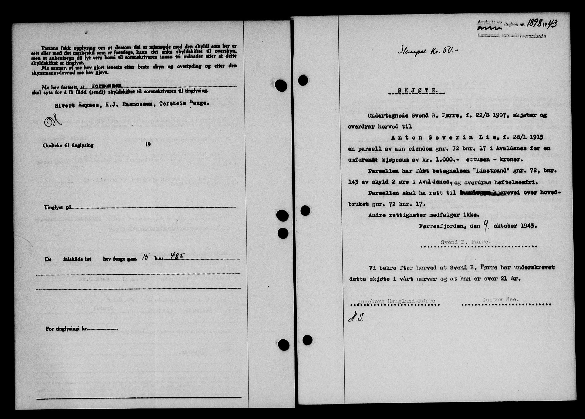 Karmsund sorenskriveri, SAST/A-100311/01/II/IIB/L0080: Mortgage book no. 61A, 1943-1943, Diary no: : 1898/1943