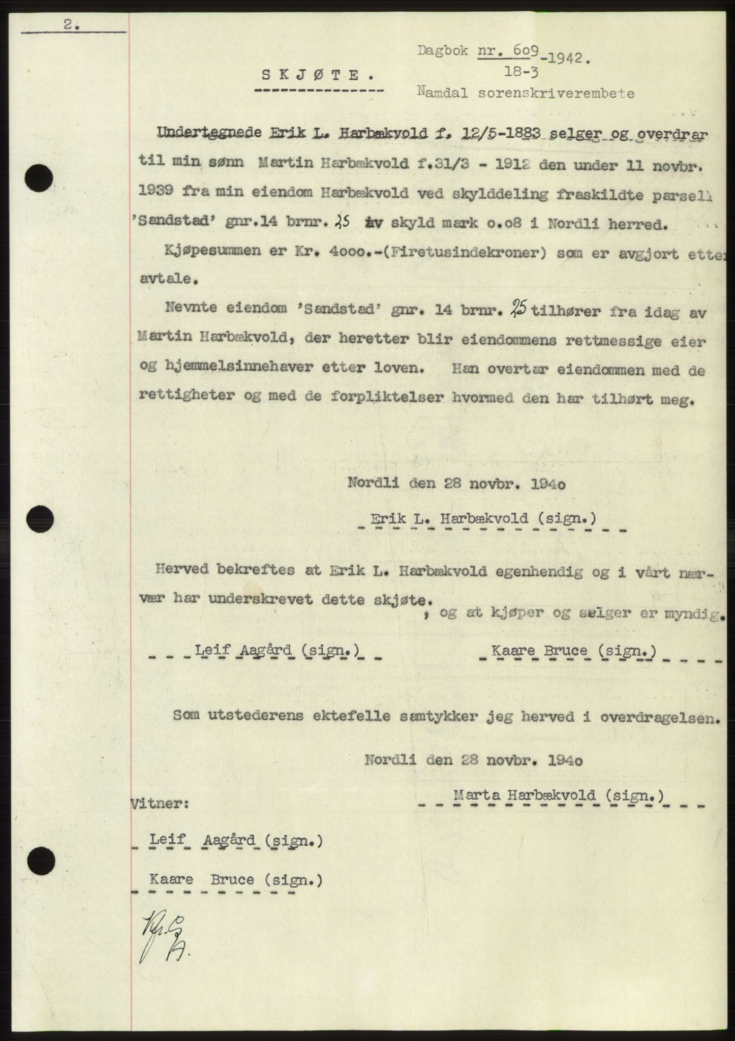 Namdal sorenskriveri, SAT/A-4133/1/2/2C: Mortgage book no. -, 1941-1942, Diary no: : 609/1942