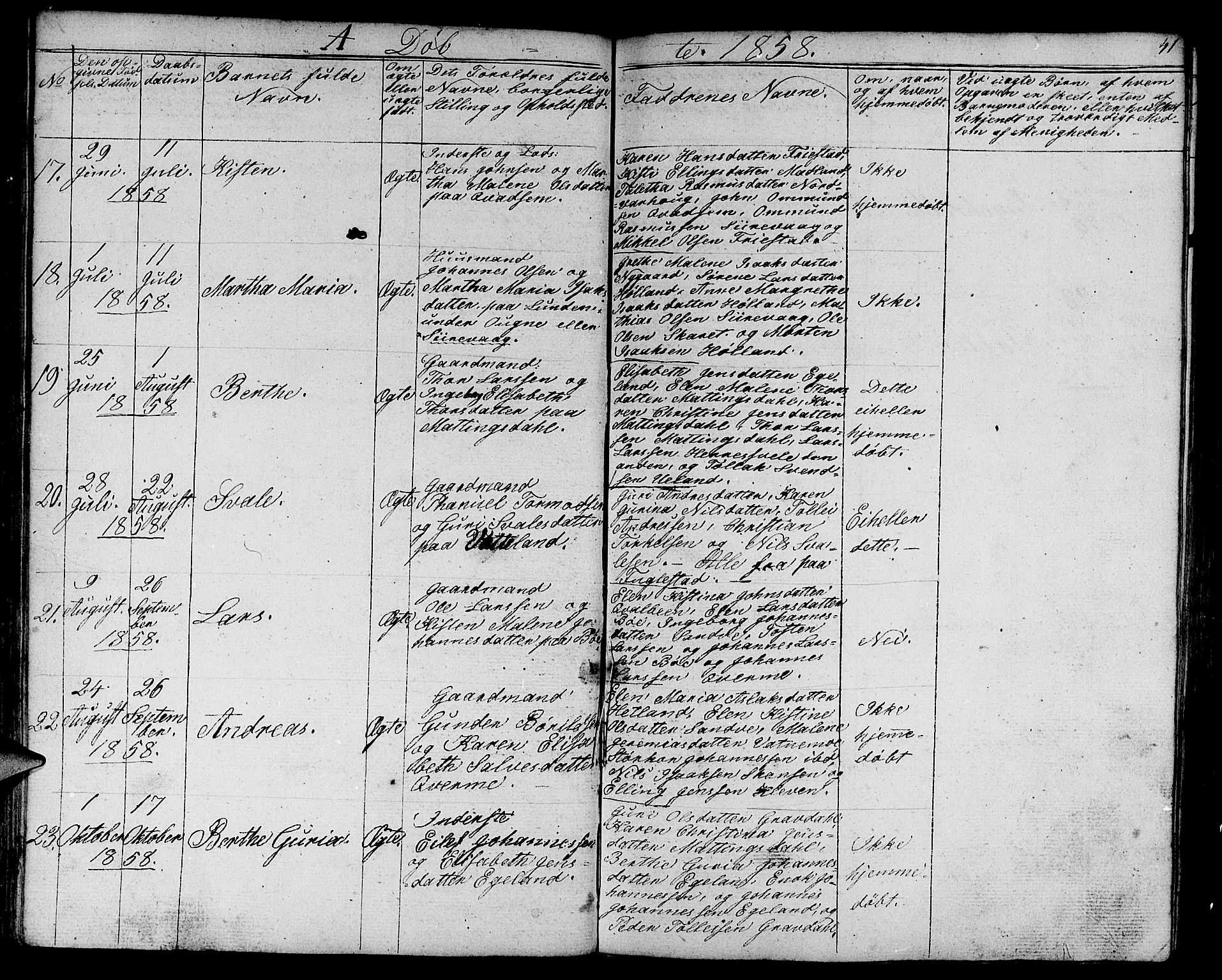 Eigersund sokneprestkontor, AV/SAST-A-101807/S09/L0003: Parish register (copy) no. B 3, 1846-1875, p. 41