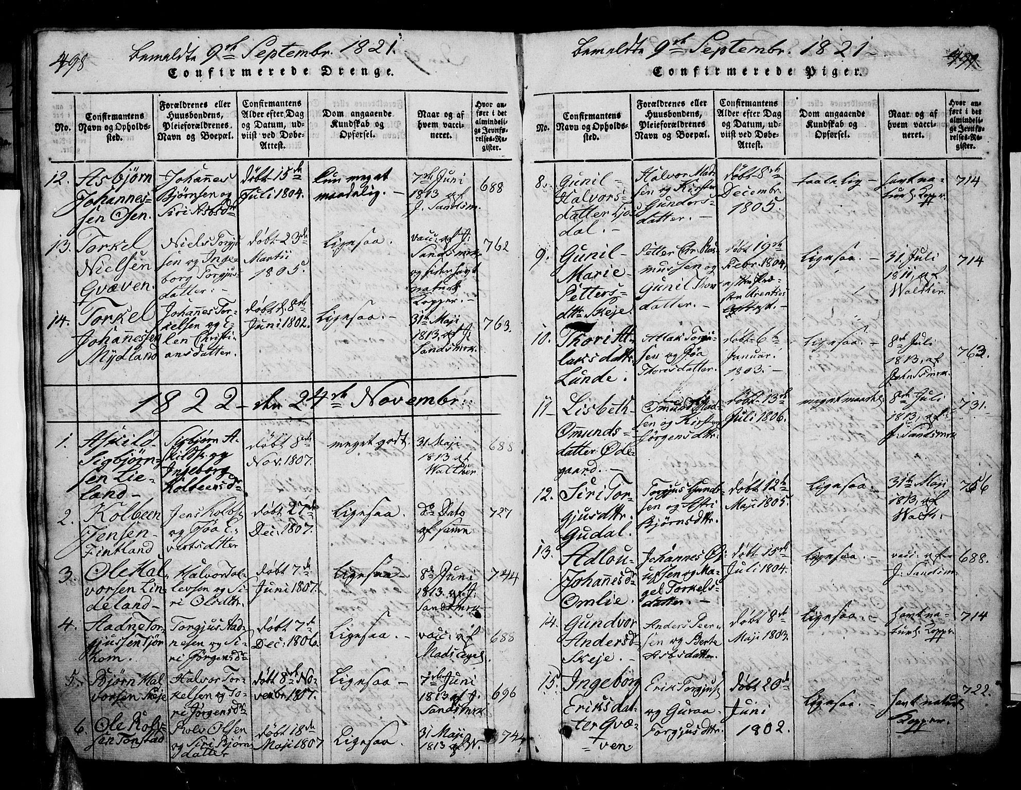 Sirdal sokneprestkontor, SAK/1111-0036/F/Fa/Fab/L0001: Parish register (official) no. A 1, 1815-1834, p. 498-499