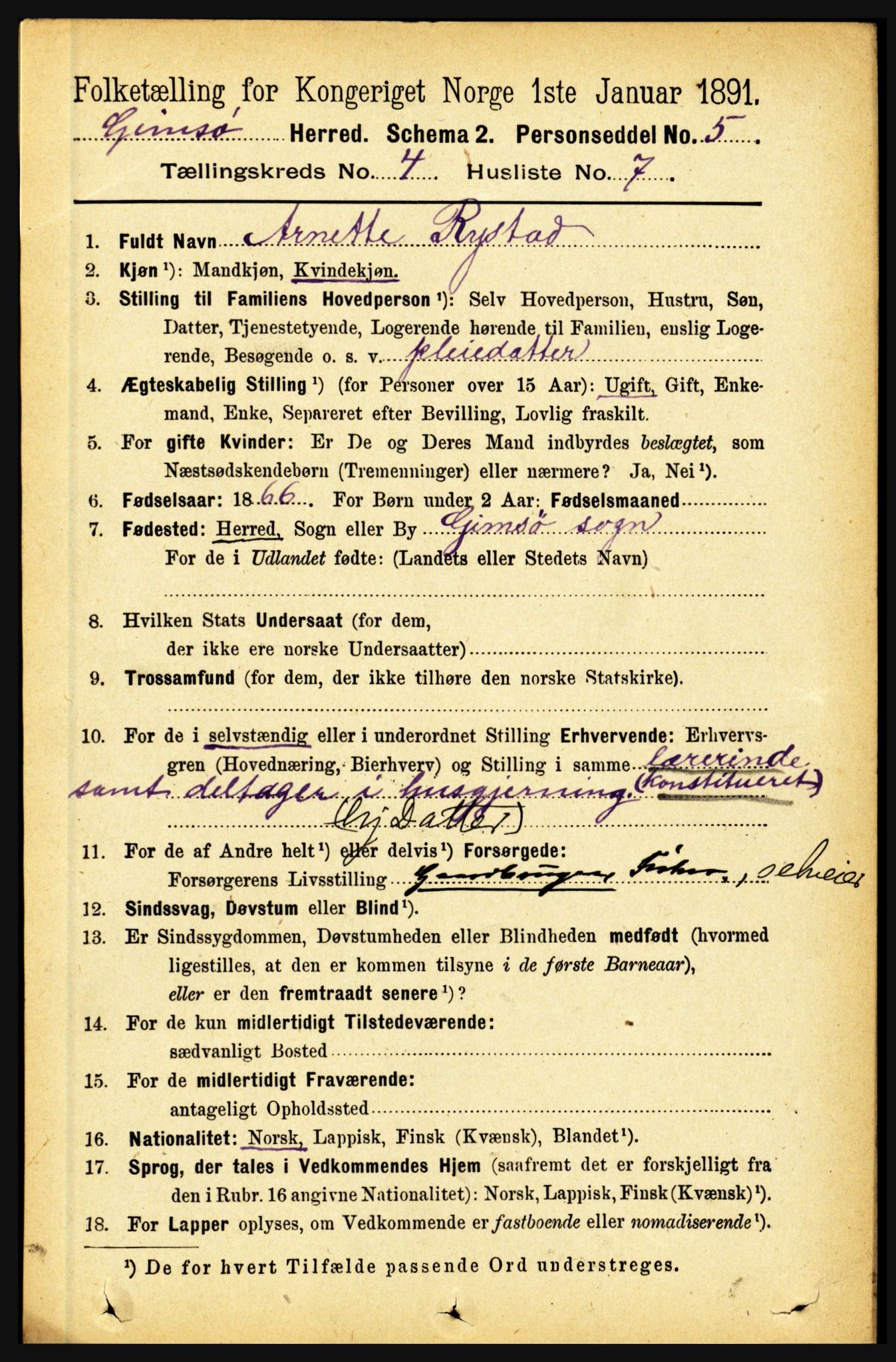 RA, 1891 census for 1864 Gimsøy, 1891, p. 676