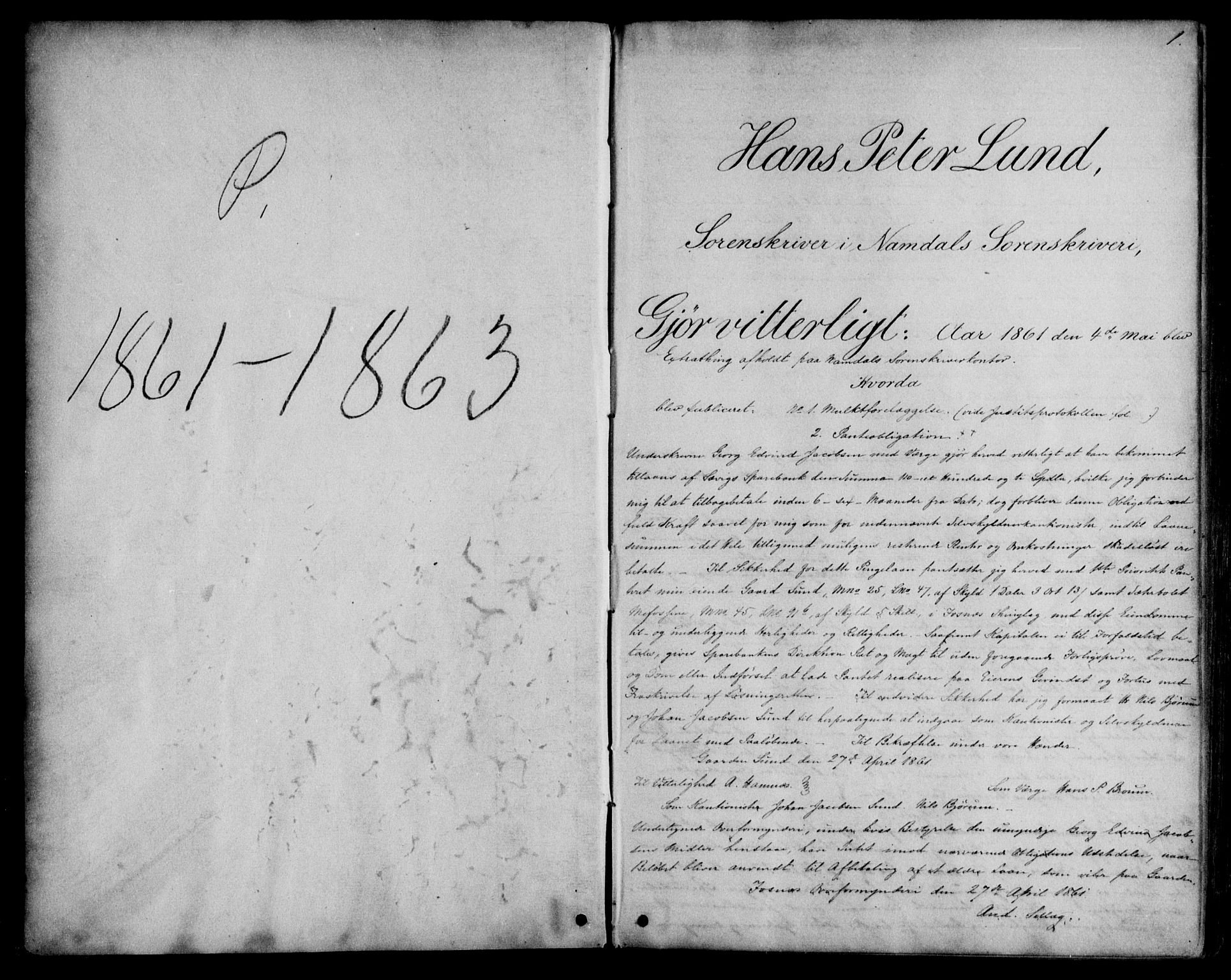 Namdal sorenskriveri, AV/SAT-A-4133/1/2/2C/L0020: Mortgage book no. P, 1861-1863, p. 1