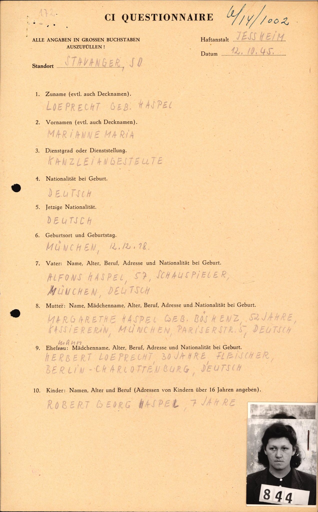 Forsvaret, Forsvarets overkommando II, RA/RAFA-3915/D/Db/L0020: CI Questionaires. Tyske okkupasjonsstyrker i Norge. Tyskere., 1945-1946, p. 271