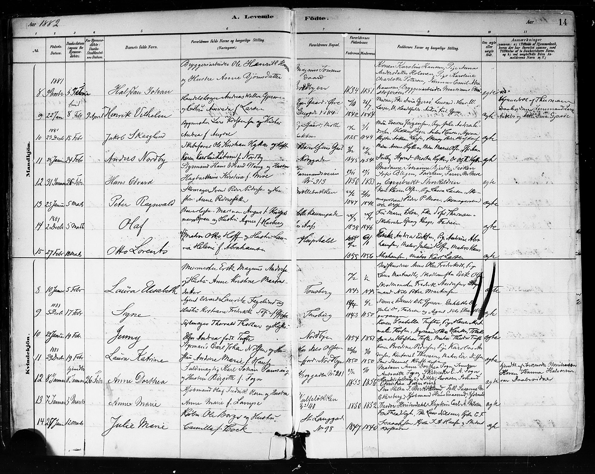Tønsberg kirkebøker, AV/SAKO-A-330/F/Fa/L0011: Parish register (official) no. I 11, 1881-1890, p. 14