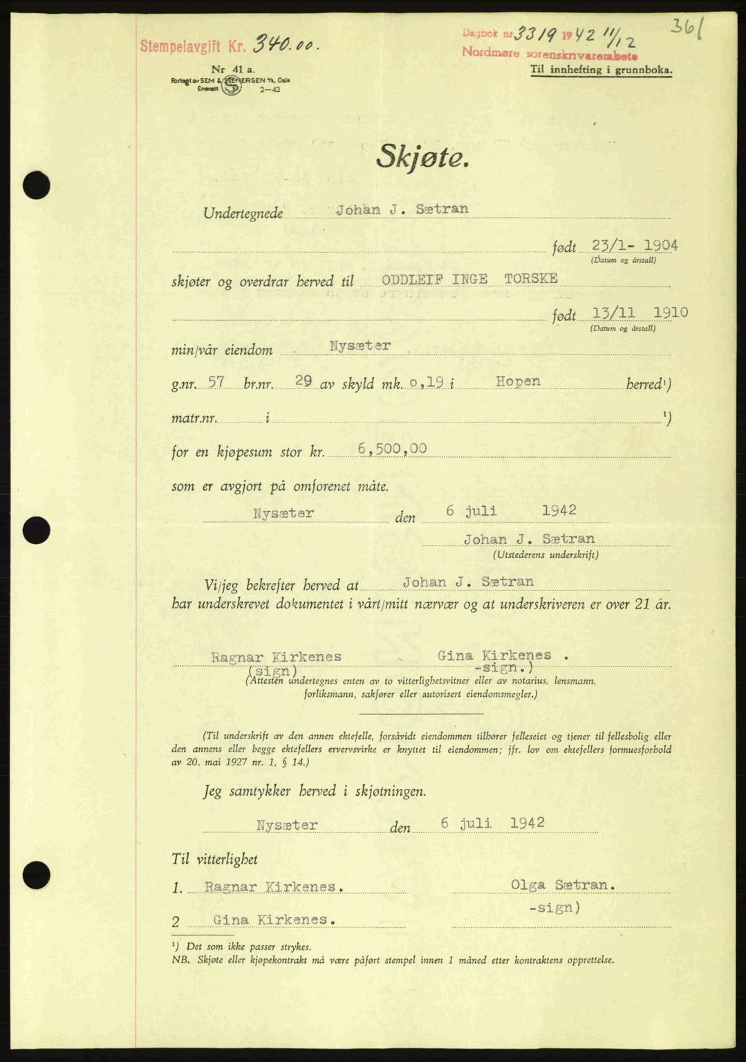 Nordmøre sorenskriveri, AV/SAT-A-4132/1/2/2Ca: Mortgage book no. A94, 1942-1943, Diary no: : 3319/1942