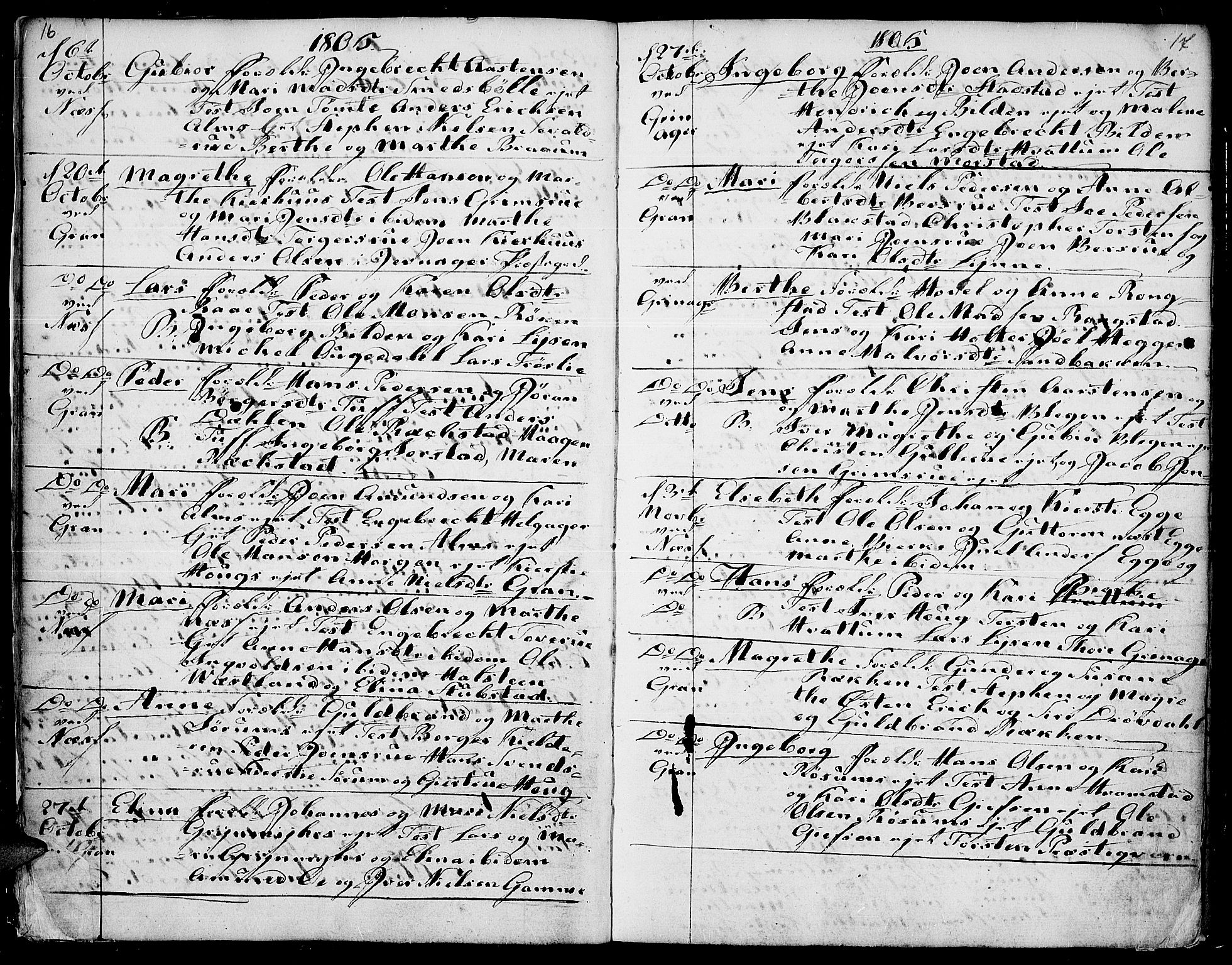 Gran prestekontor, AV/SAH-PREST-112/H/Ha/Haa/L0007: Parish register (official) no. 7, 1804-1815, p. 16-17