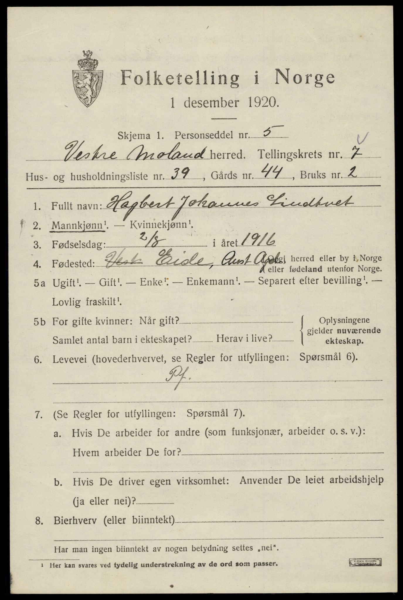 SAK, 1920 census for Vestre Moland, 1920, p. 5203