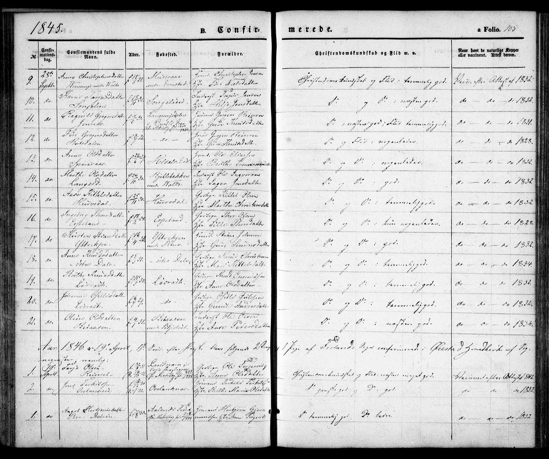 Froland sokneprestkontor, SAK/1111-0013/F/Fa/L0002: Parish register (official) no. A 2, 1845-1863, p. 105
