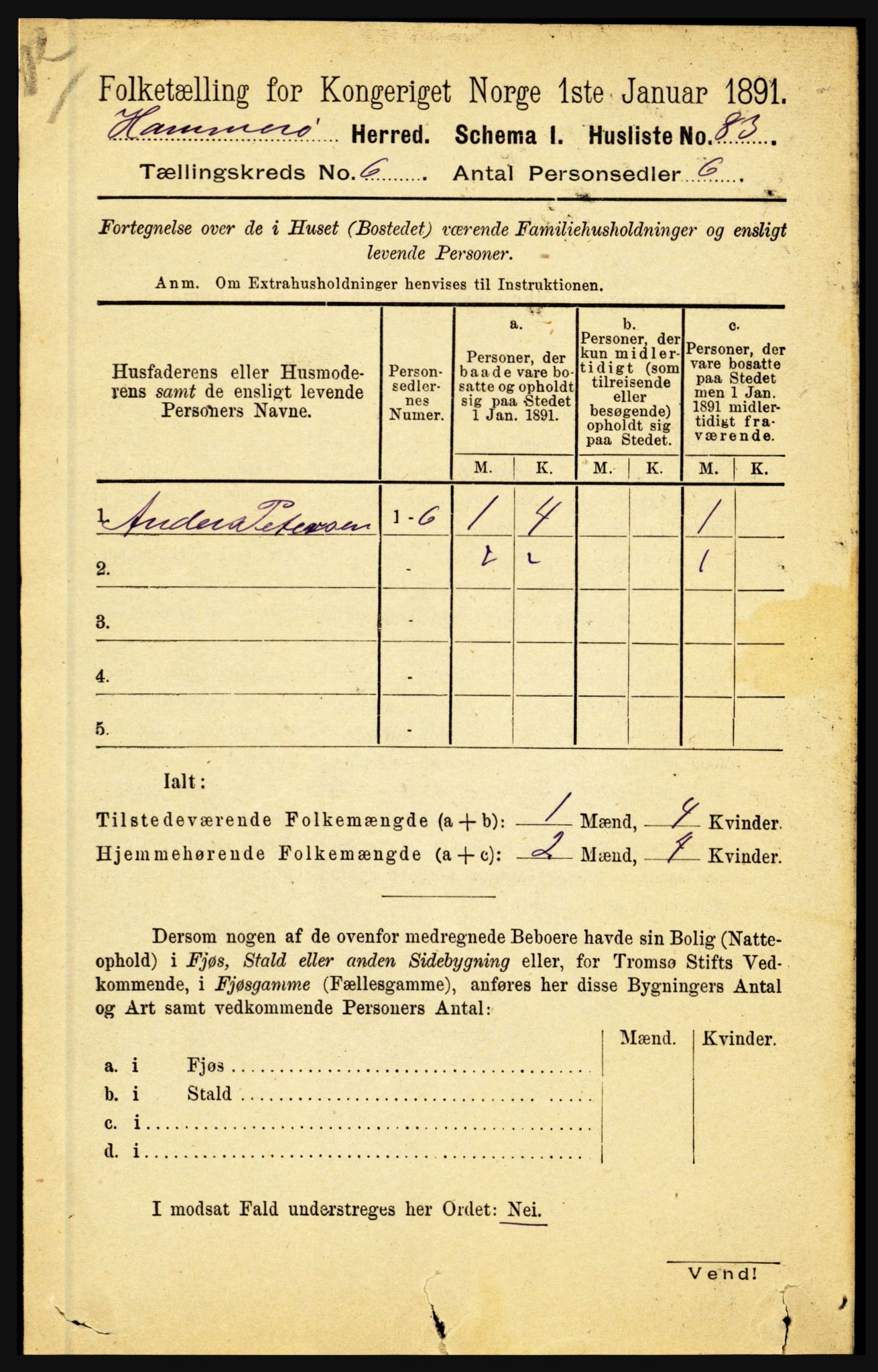 RA, 1891 census for 1849 Hamarøy, 1891, p. 3011