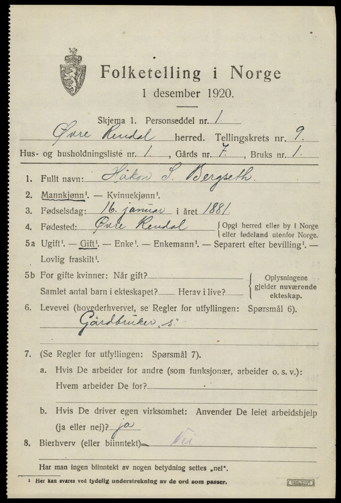 SAH, 1920 census for Øvre Rendal, 1920, p. 3245