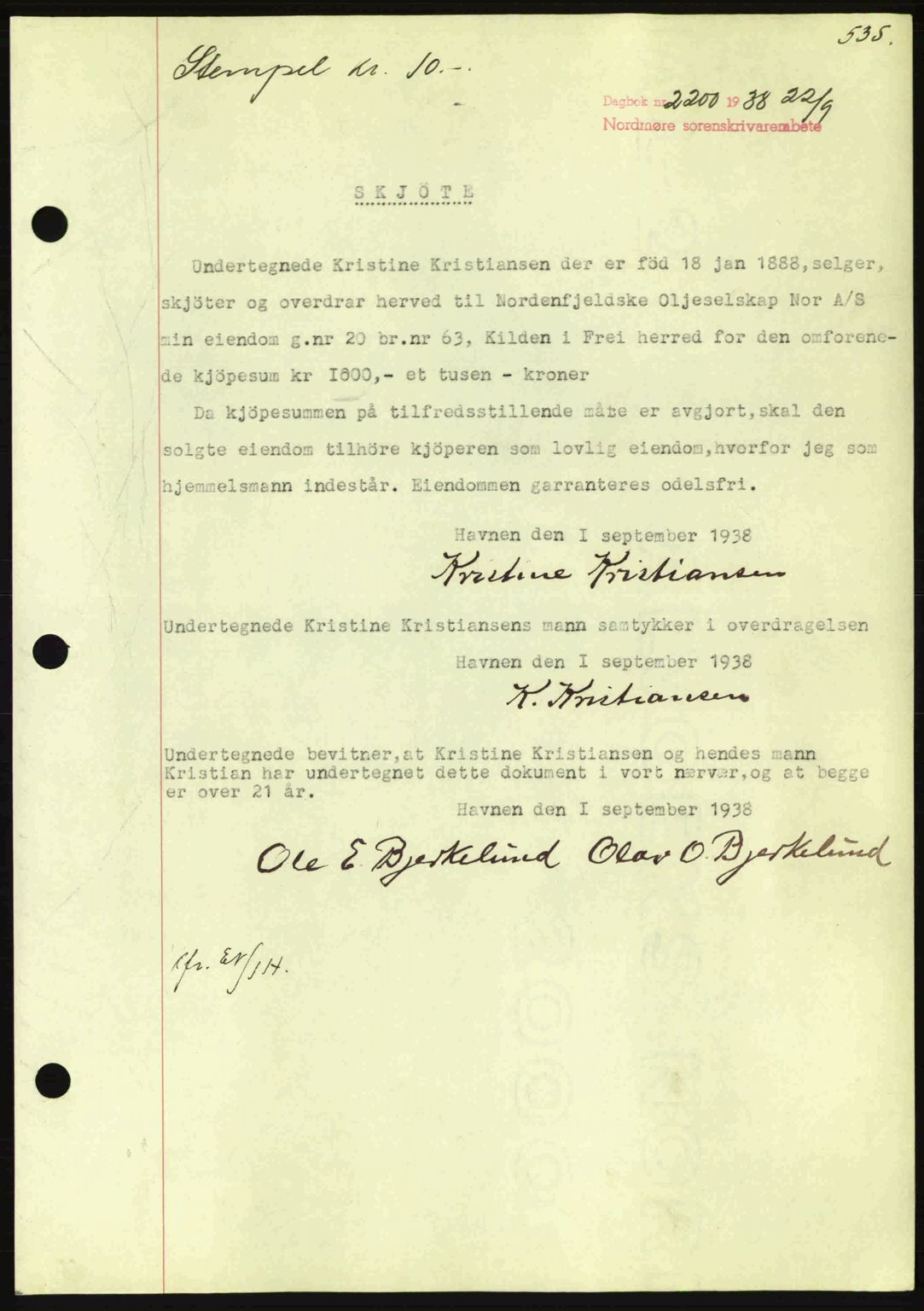 Nordmøre sorenskriveri, SAT/A-4132/1/2/2Ca: Mortgage book no. A84, 1938-1938, Diary no: : 2200/1938
