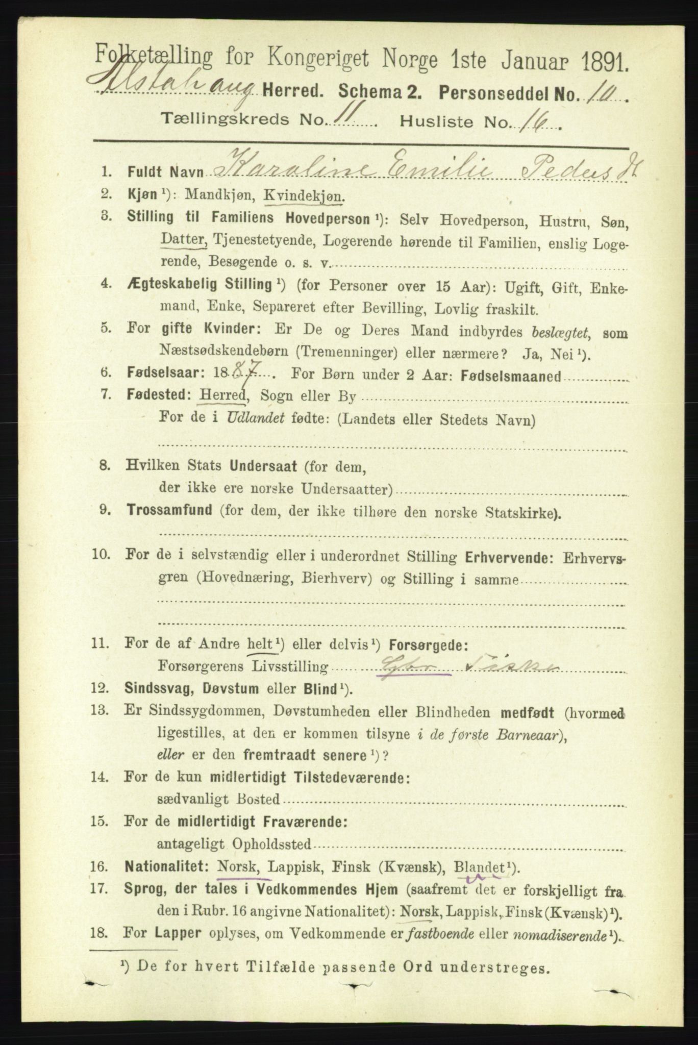 RA, 1891 census for 1820 Alstahaug, 1891, p. 3970