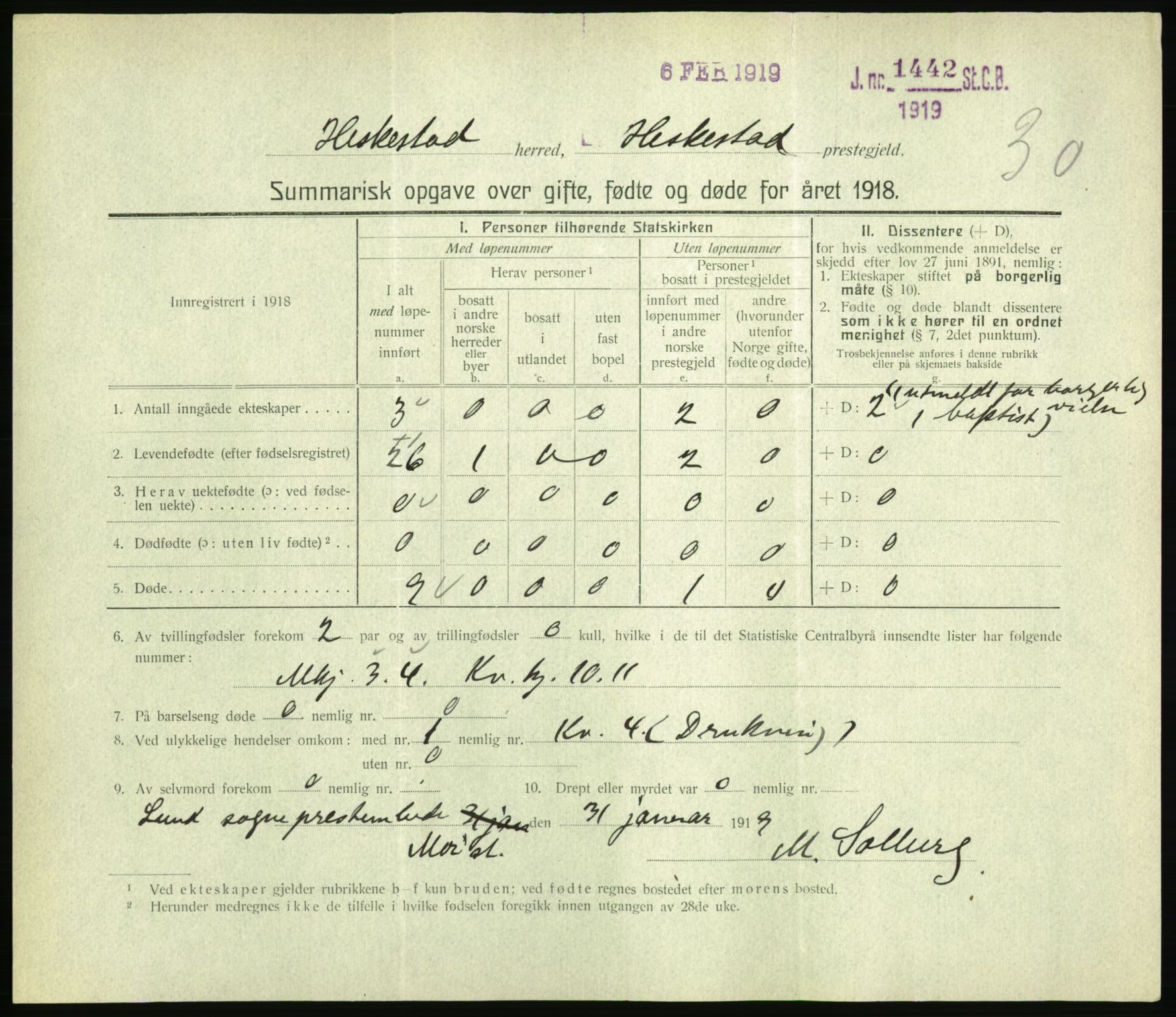 Statistisk sentralbyrå, Sosiodemografiske emner, Befolkning, RA/S-2228/D/Df/Dfb/Dfbh/L0059: Summariske oppgaver over gifte, fødte og døde for hele landet., 1918, p. 795