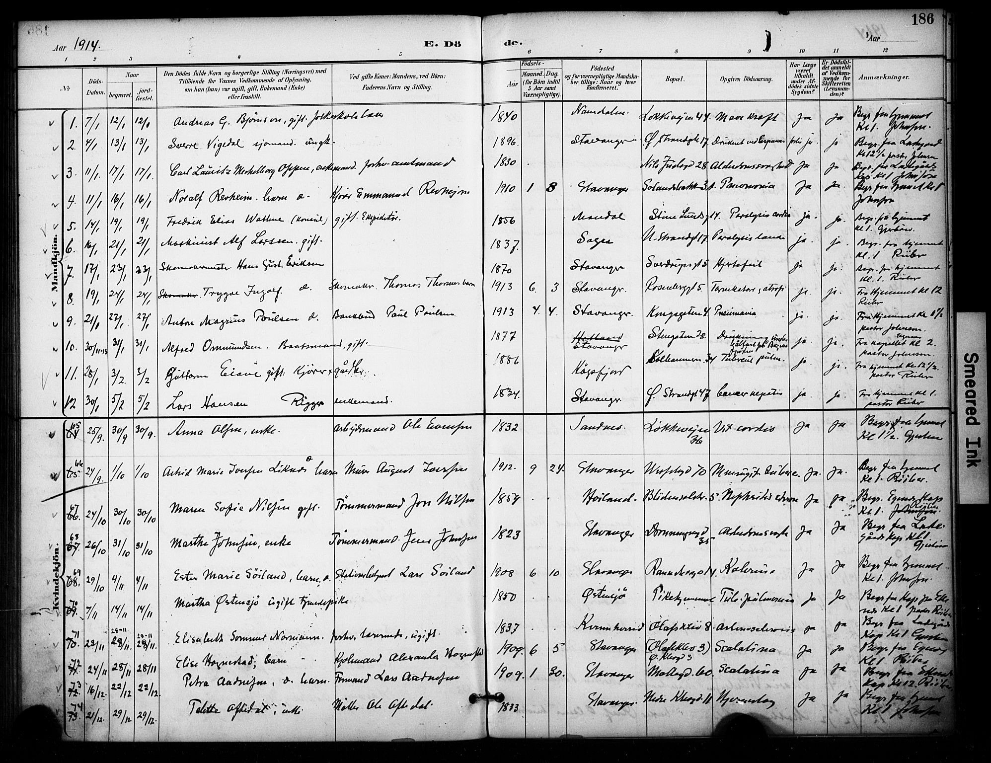Domkirken sokneprestkontor, SAST/A-101812/001/30/30BA/L0032: Parish register (official) no. A 31, 1896-1917, p. 186