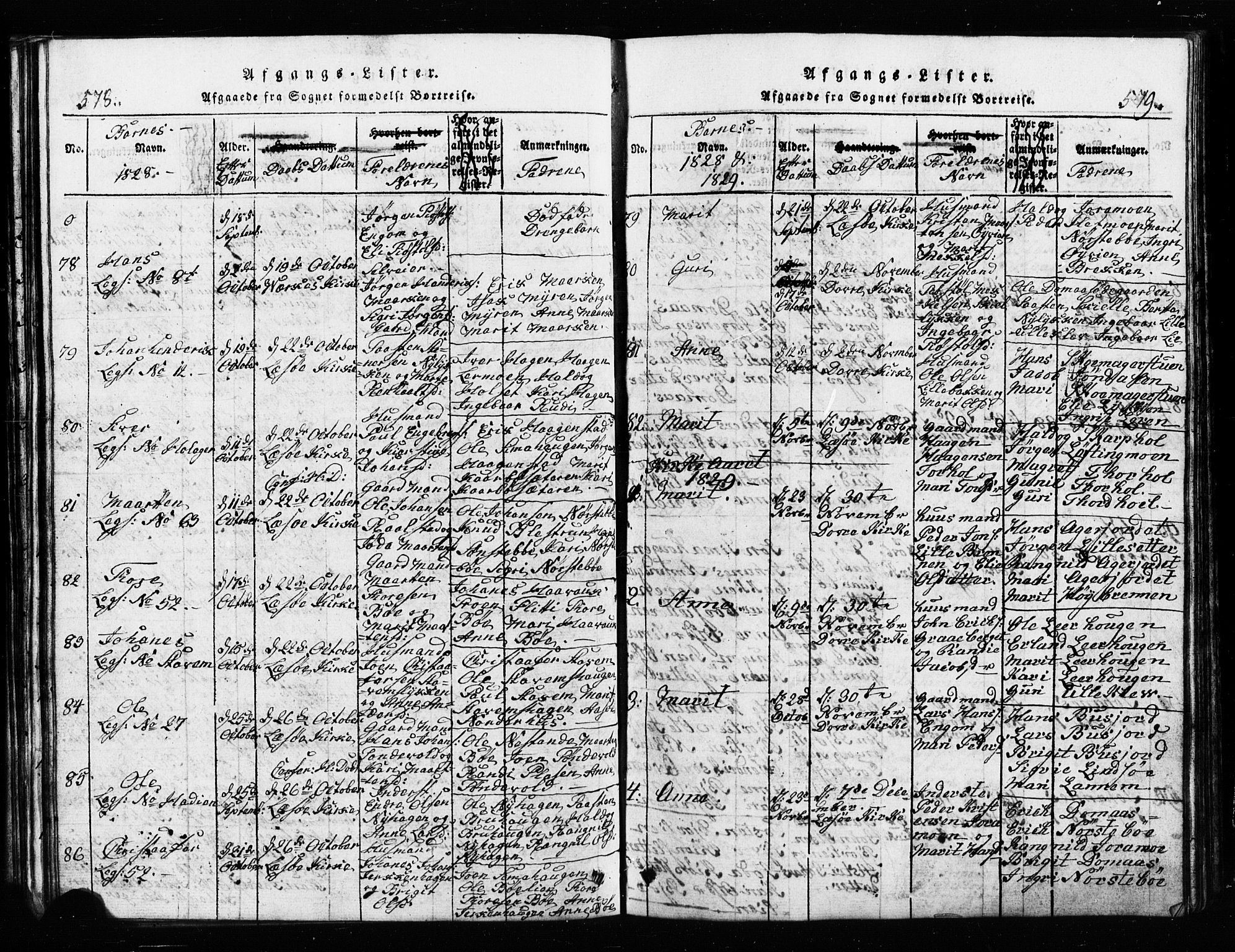 Lesja prestekontor, SAH/PREST-068/H/Ha/Hab/L0001: Parish register (copy) no. 1, 1820-1831, p. 578-579