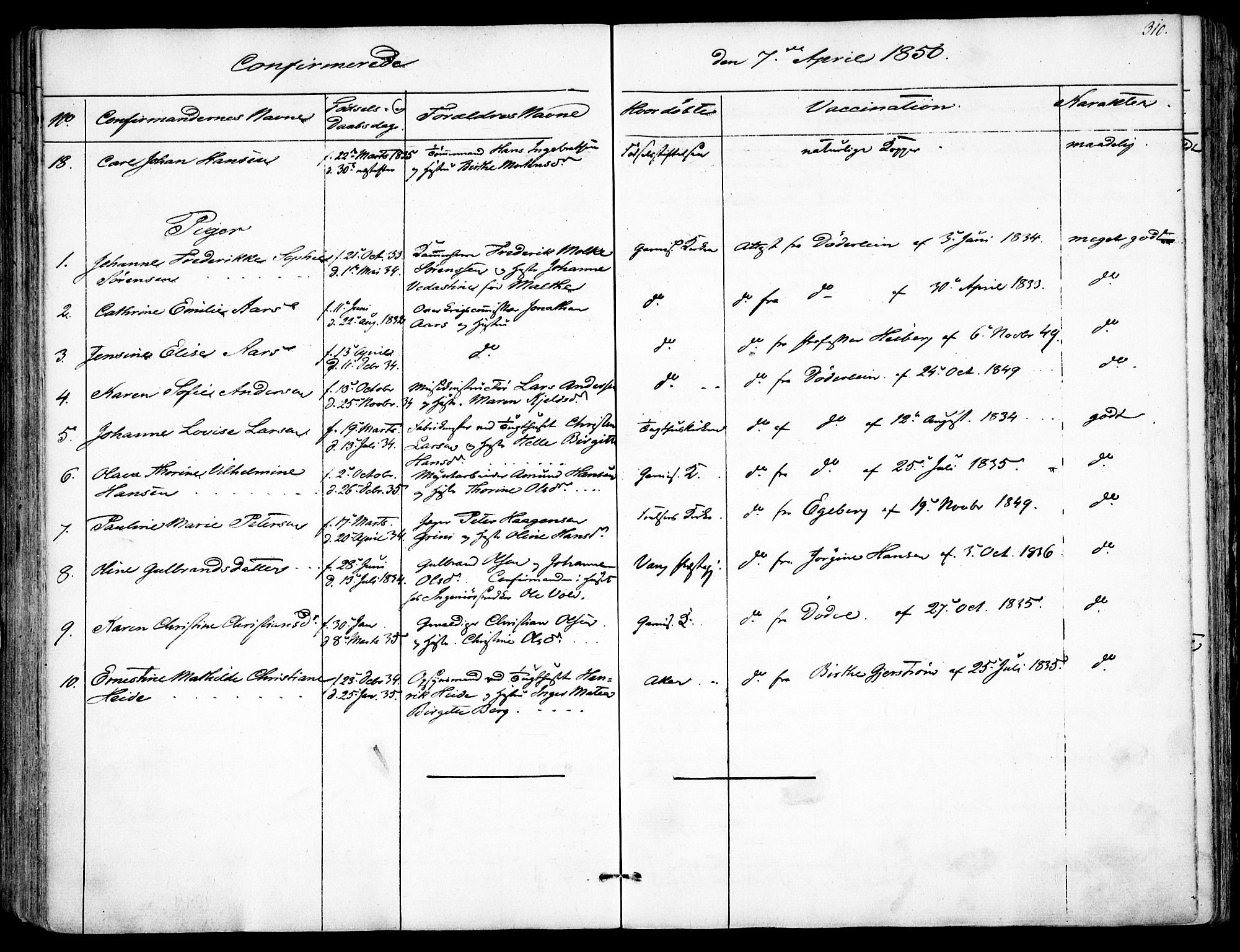 Garnisonsmenigheten Kirkebøker, AV/SAO-A-10846/F/Fa/L0008: Parish register (official) no. 8, 1842-1859, p. 310